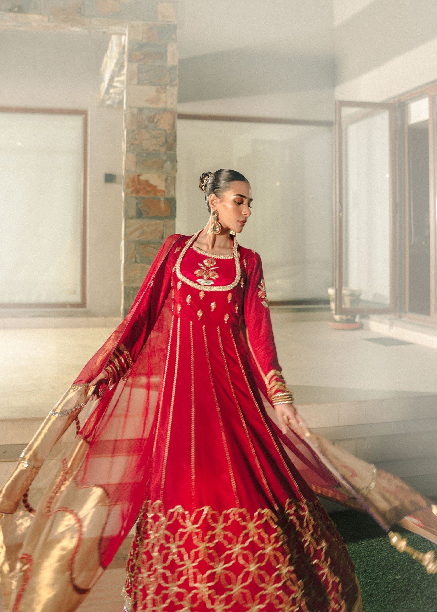 Red Embroidered Raw Silk Pishwas Dress (3-Piece) - Image 3