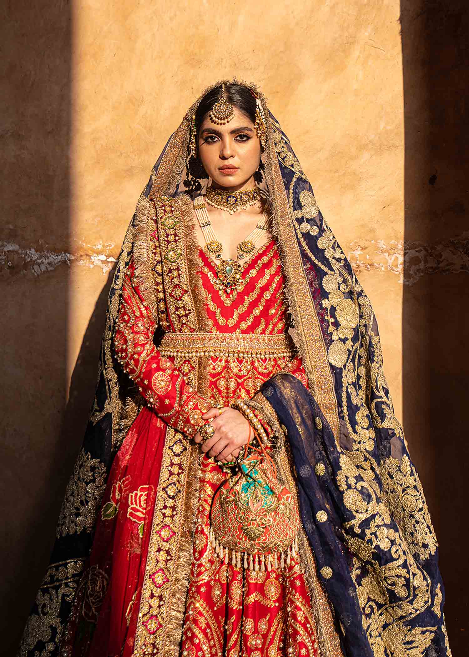 Scarlet Red Embroidered Raw Silk Pishwas (3-Piece) - Image 3