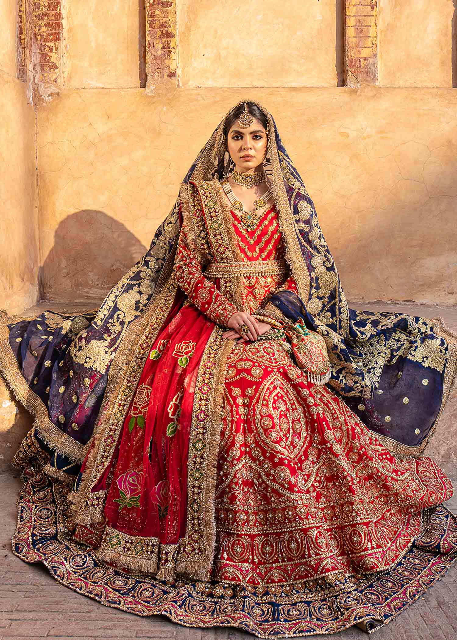 Scarlet Red Embroidered Raw Silk Pishwas (3-Piece) - Image 5