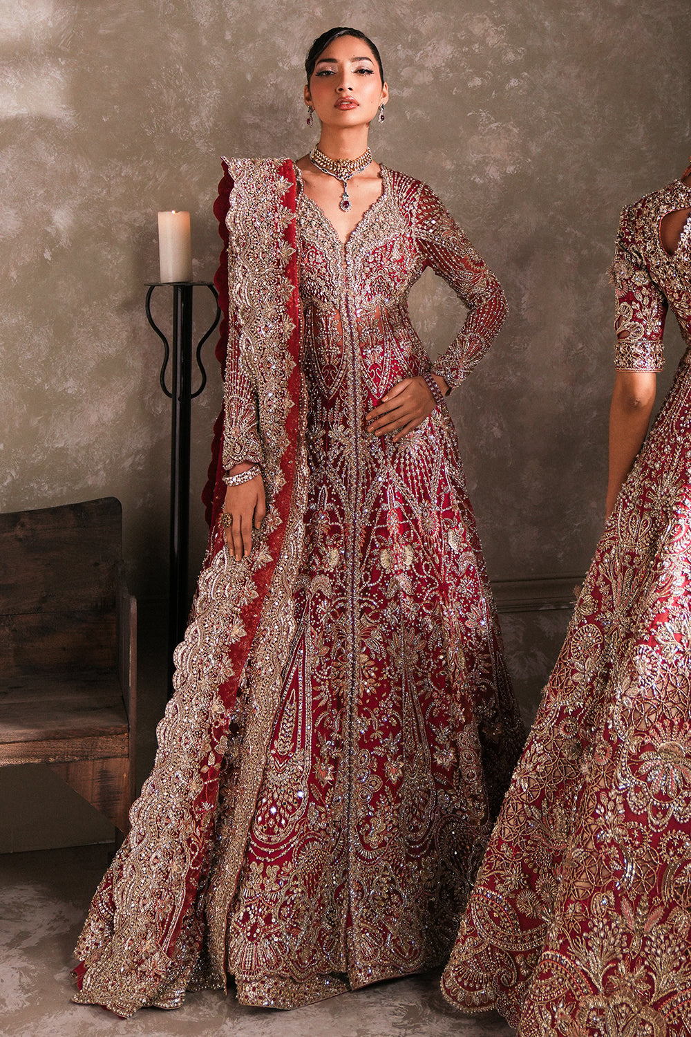 Indian Deep Red Embellished Net Pishwas Dress (3-Piece) - Image 5