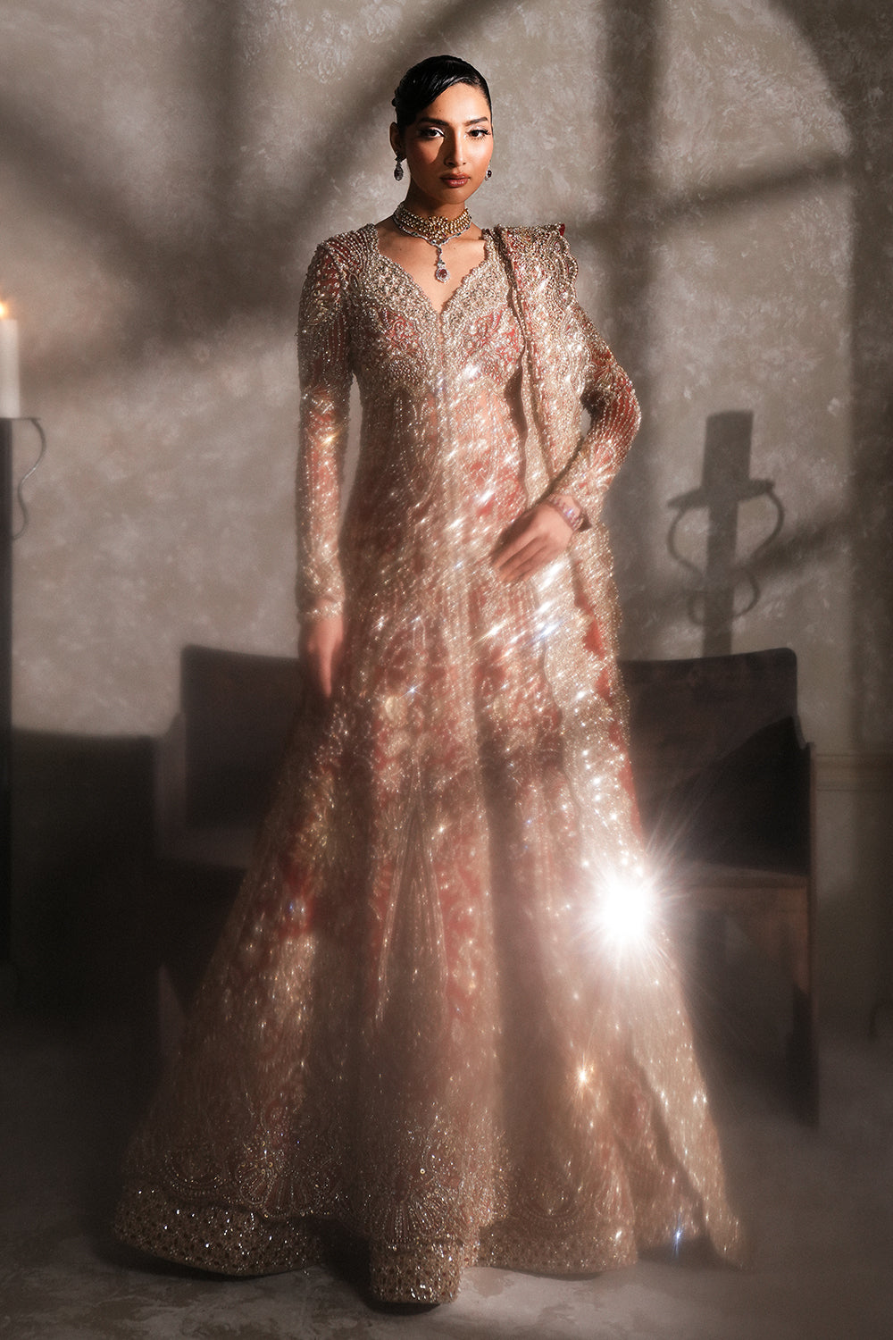 Indian Deep Red Embellished Net Pishwas Dress (3-Piece) - Image 6