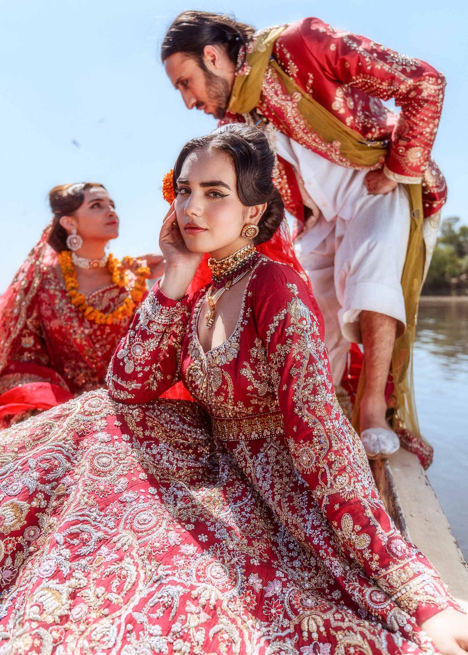 Pakistani Ruby Red Embroidered Raw Silk Pishwas Dress (3-Piece) - Image 2