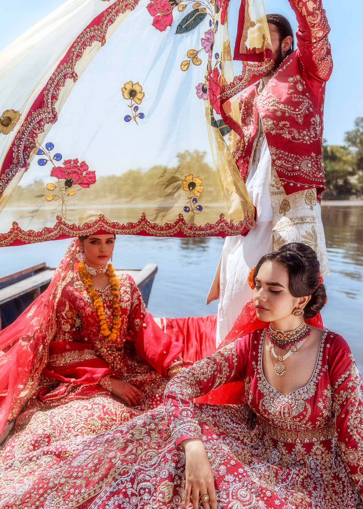 Pakistani Ruby Red Embroidered Raw Silk Pishwas Dress (3-Piece) - Image 3