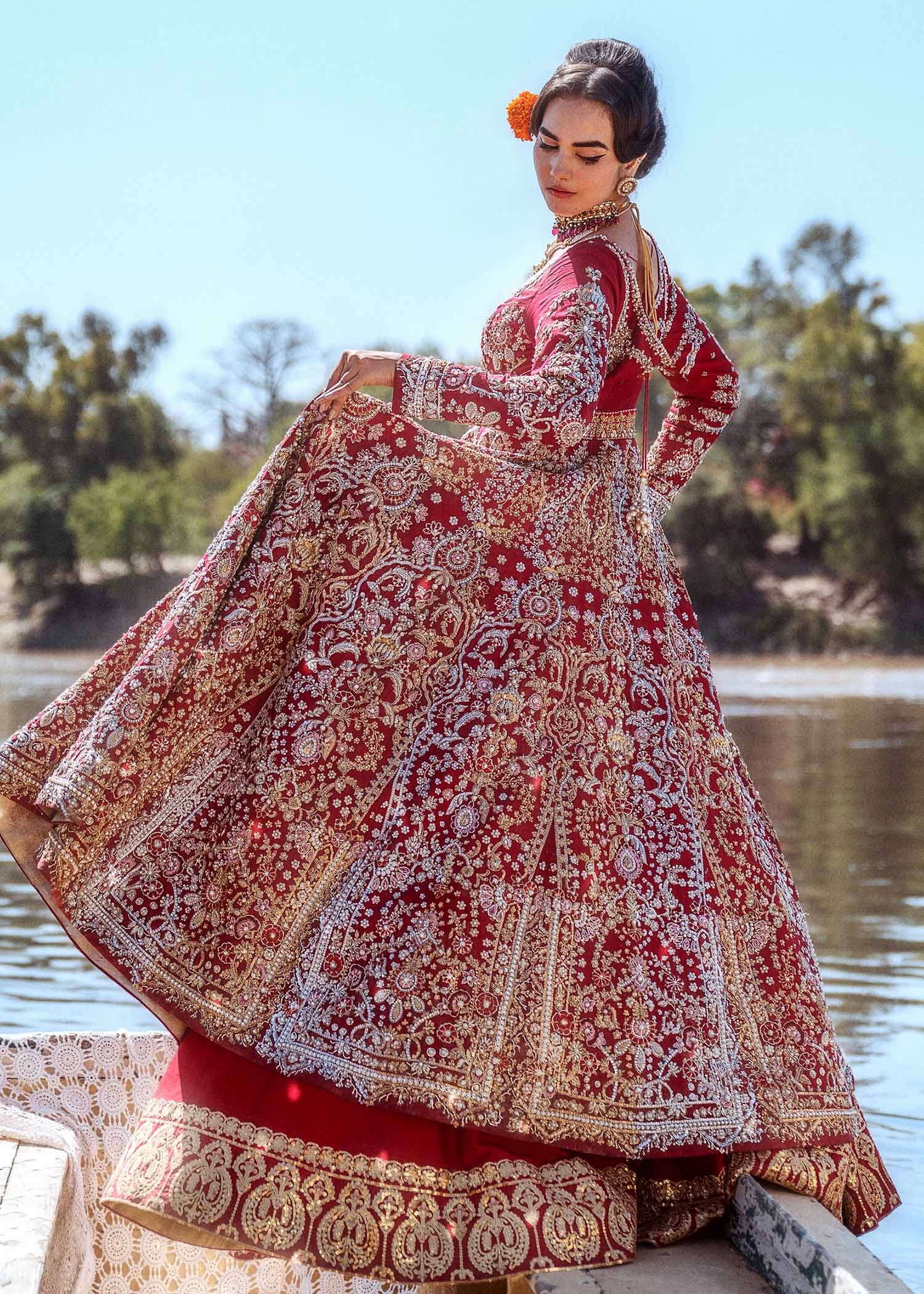 Pakistani Ruby Red Embroidered Raw Silk Pishwas Dress (3-Piece) - Image 5