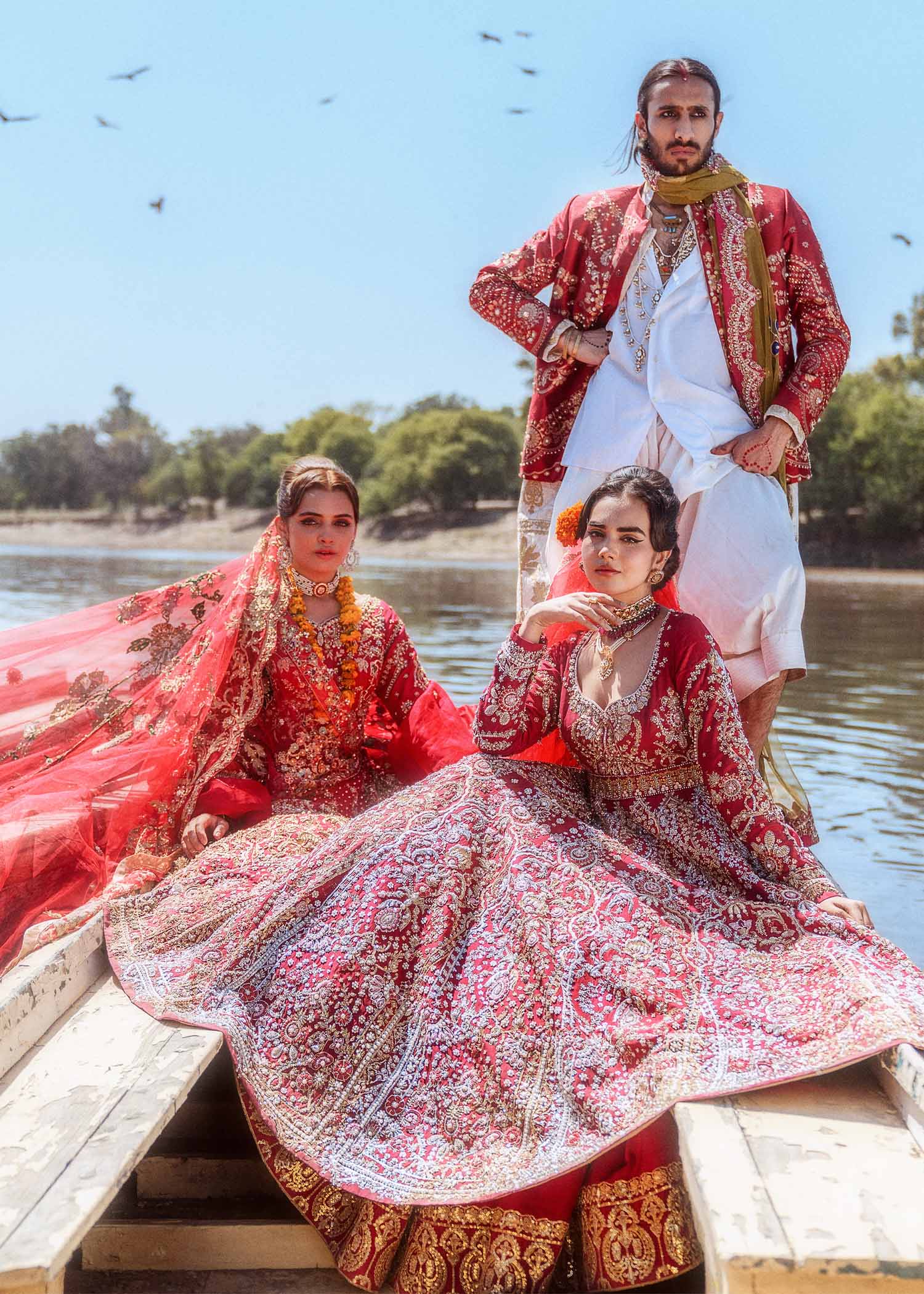 Pakistani Ruby Red Embroidered Raw Silk Pishwas Dress (3-Piece) - Image 6