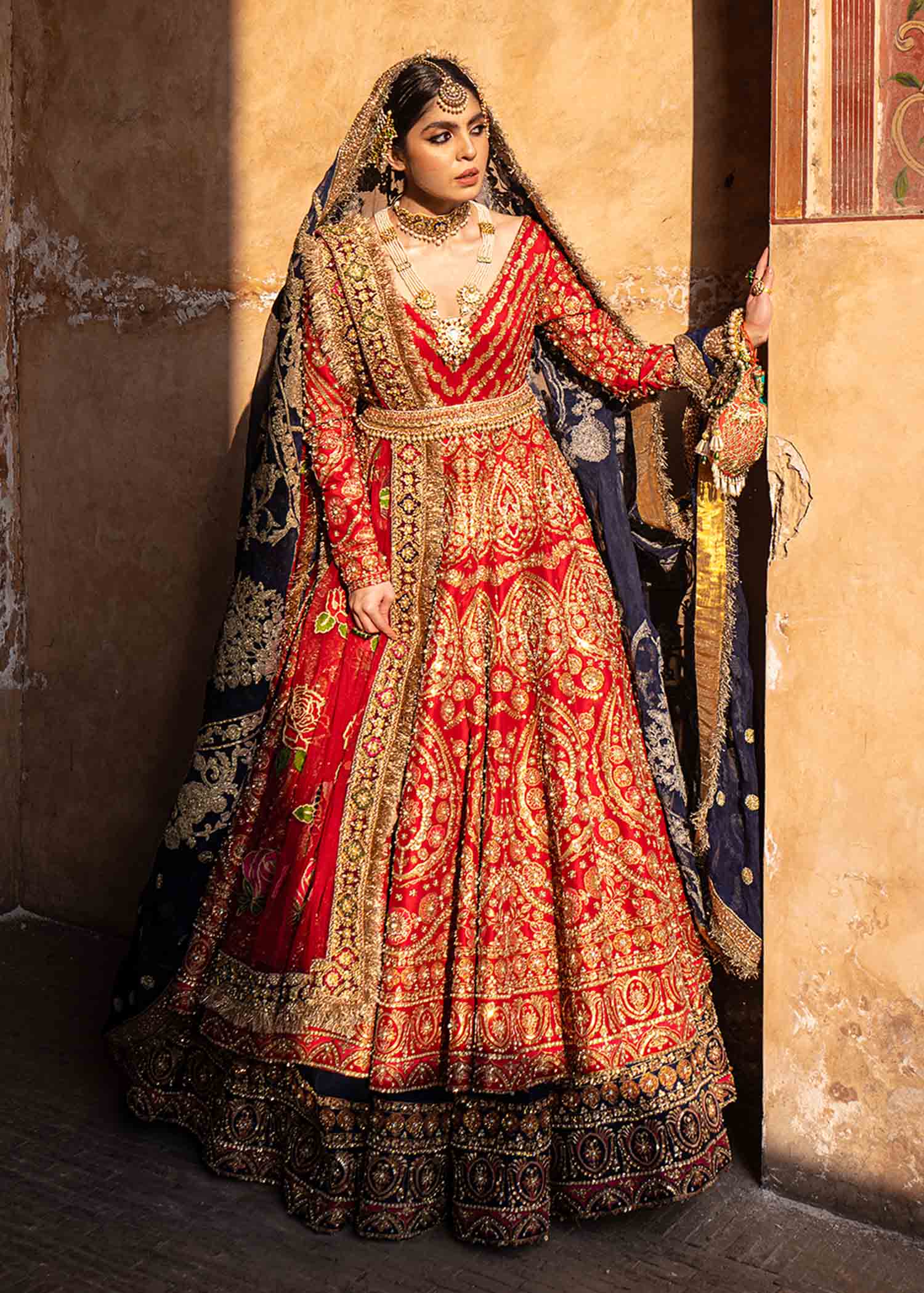 Scarlet Red Embellished Raw Silk Pishwas (3-Piece) - Image 12