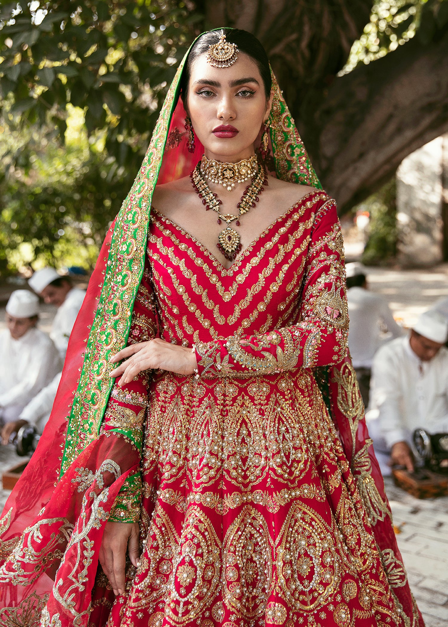 Scarlet Red Embellished Raw Silk Pishwas (3-Piece) - Image 3