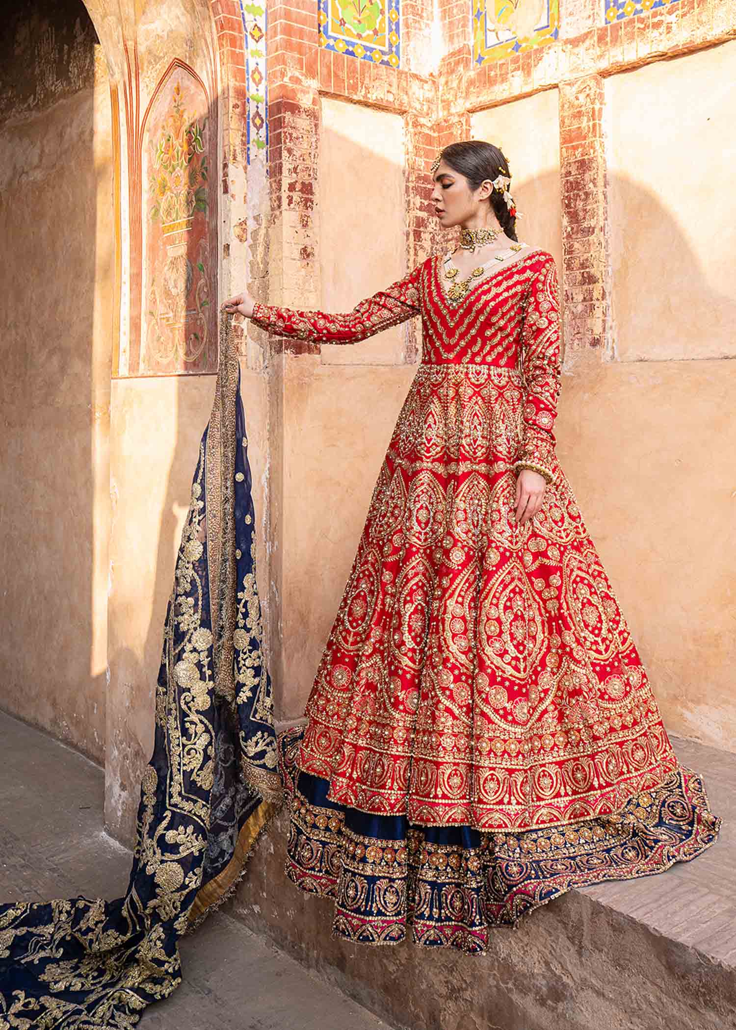 Scarlet Red Embellished Raw Silk Pishwas (3-Piece) - Image 5