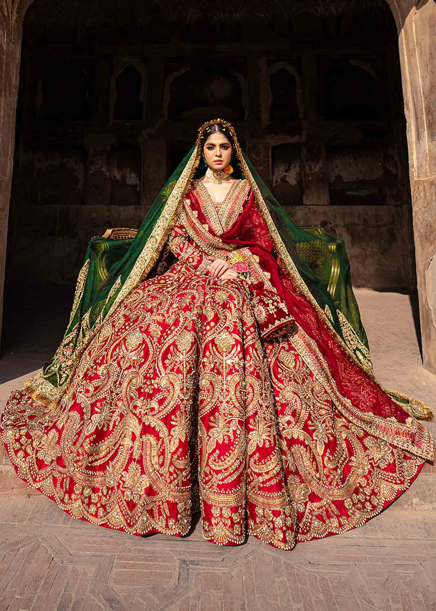 Scarlet Red Embellished Raw Silk Pishwas (3-Piece) - Image 9