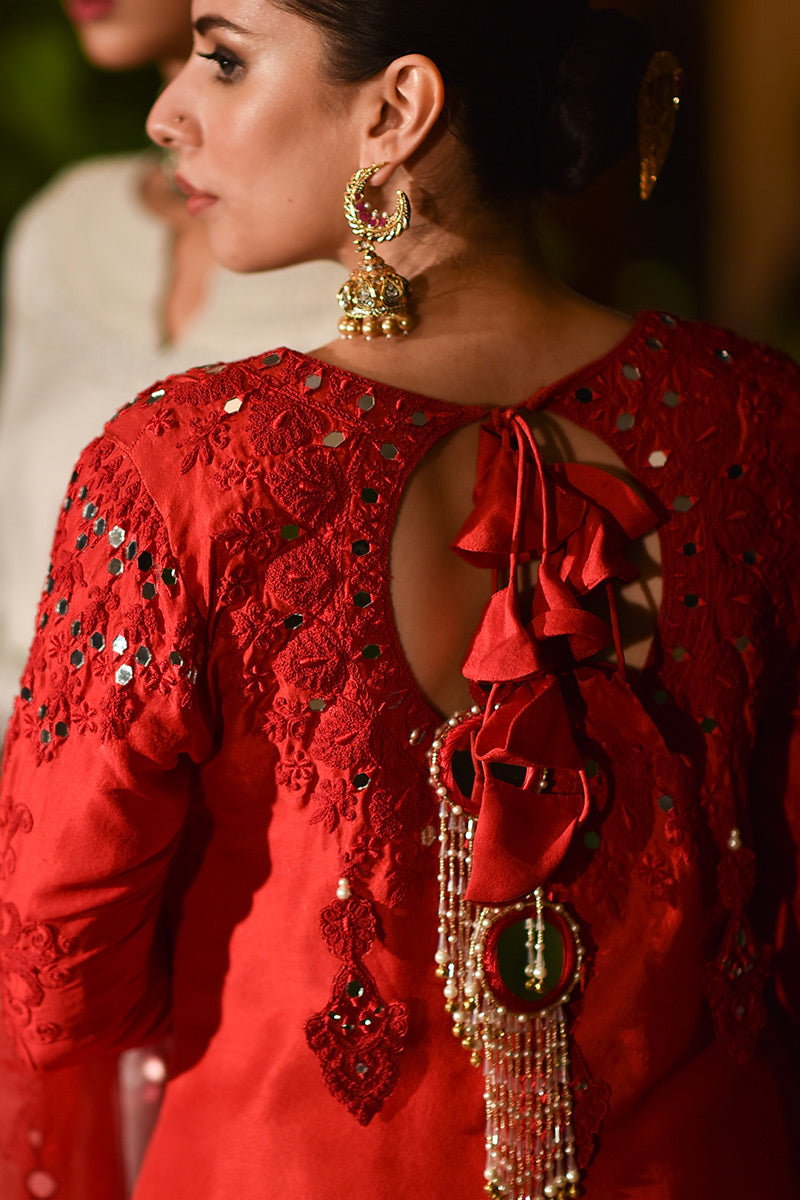 Red Sheesha Embroidered Raw Silk Pishwas (3-Piece) - Image 2