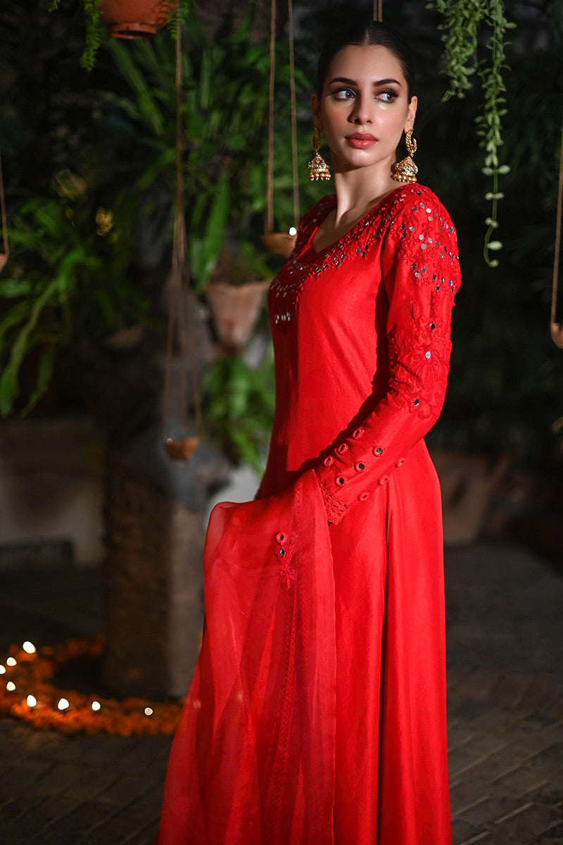 Red Sheesha Embroidered Raw Silk Pishwas (3-Piece) - Image 5