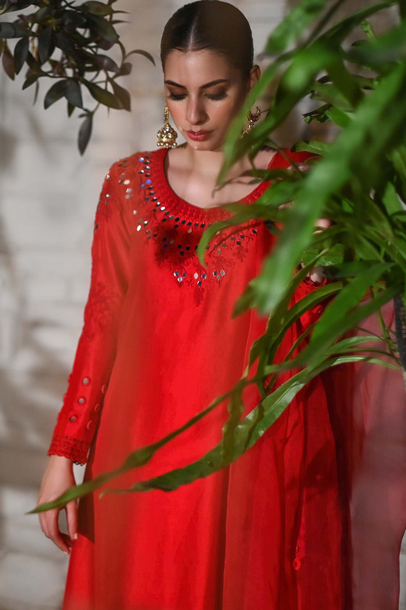 Red Sheesha Embroidered Raw Silk Pishwas (3-Piece) - Image 6