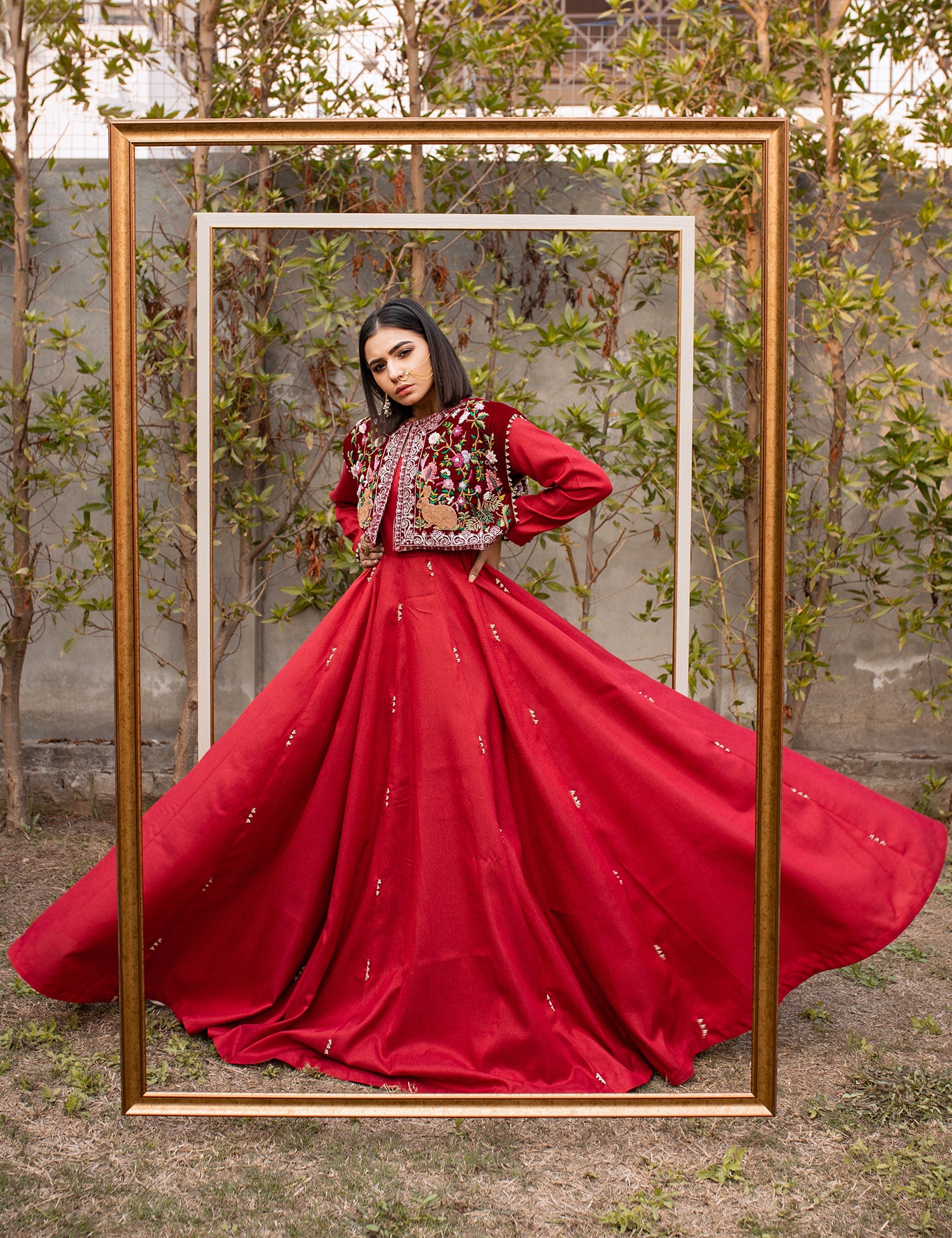 Pakistani Deep Red Embroidered Raw Silk Pishwas (2-Piece) - Image 1