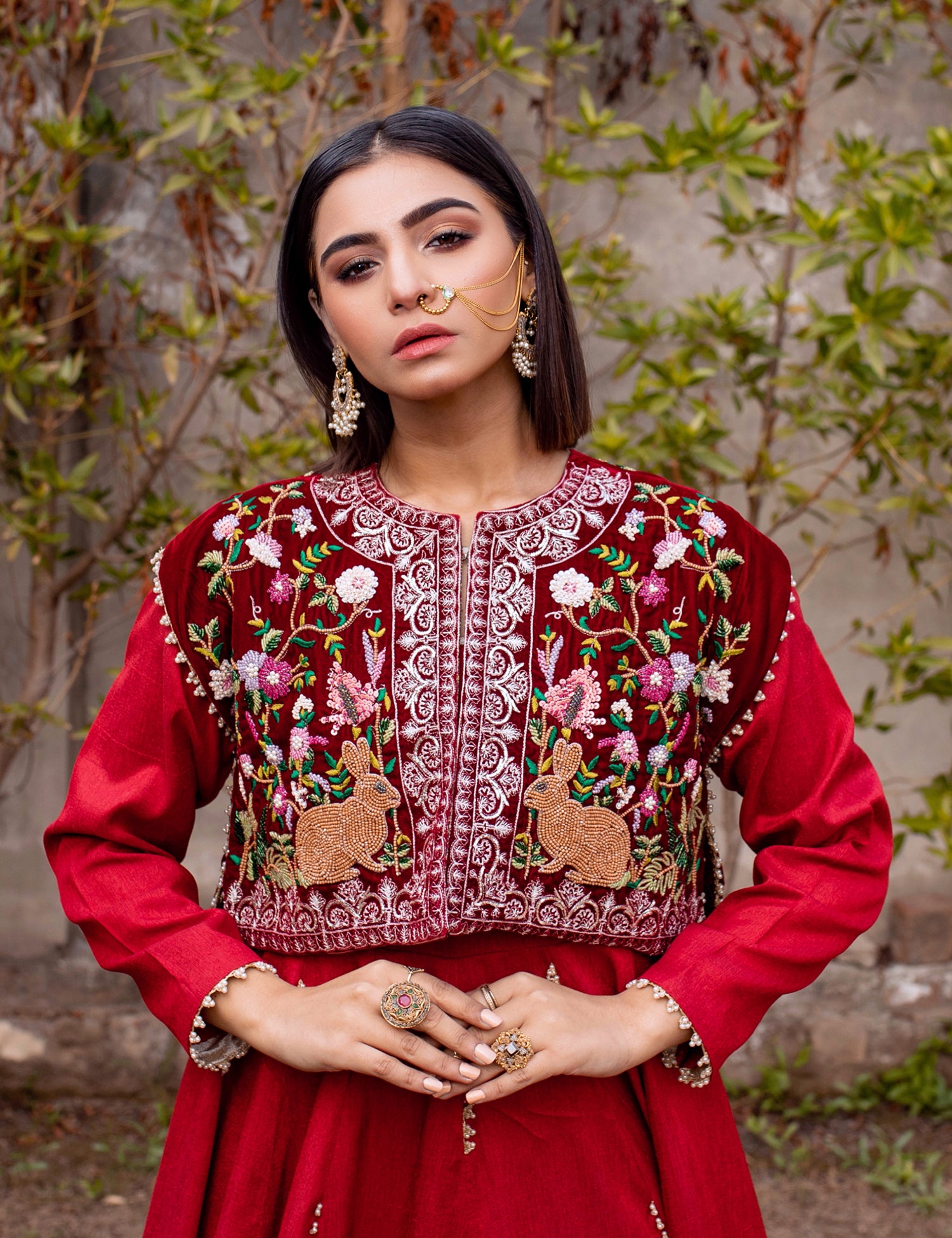 Pakistani Deep Red Embroidered Raw Silk Pishwas (2-Piece) - Image 3