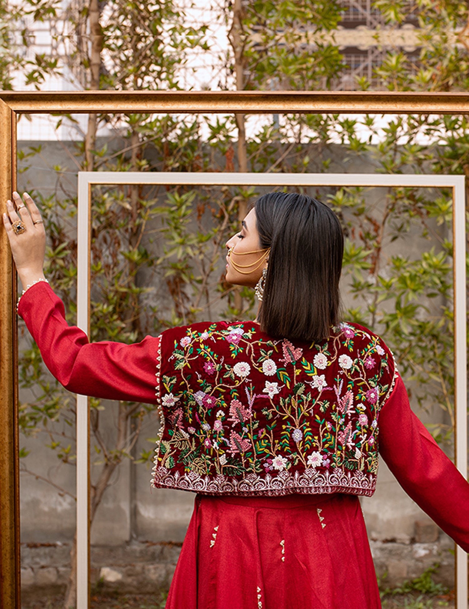 Pakistani Deep Red Embroidered Raw Silk Pishwas (2-Piece) - Image 4