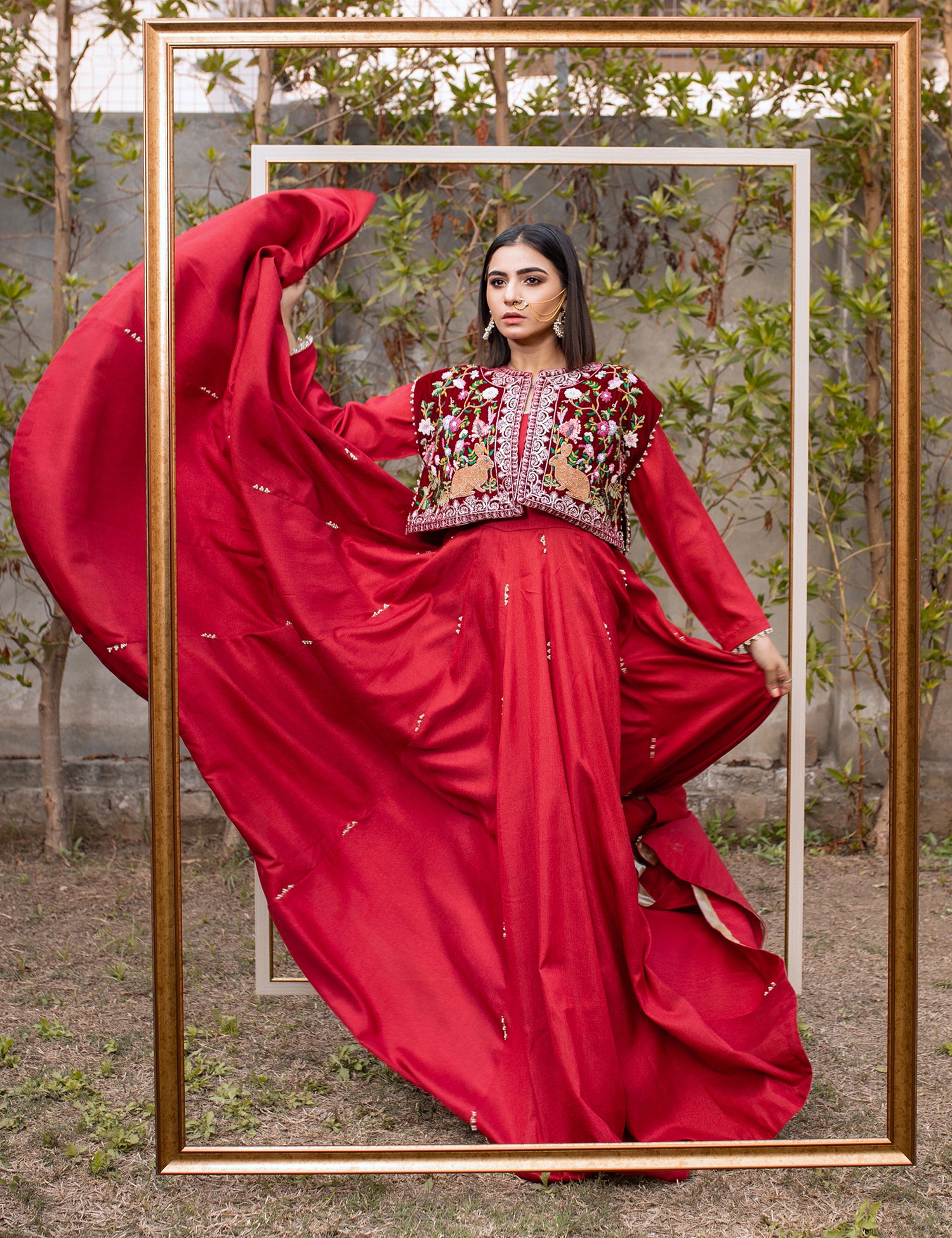 Pakistani Deep Red Embroidered Raw Silk Pishwas (2-Piece) - Image 5