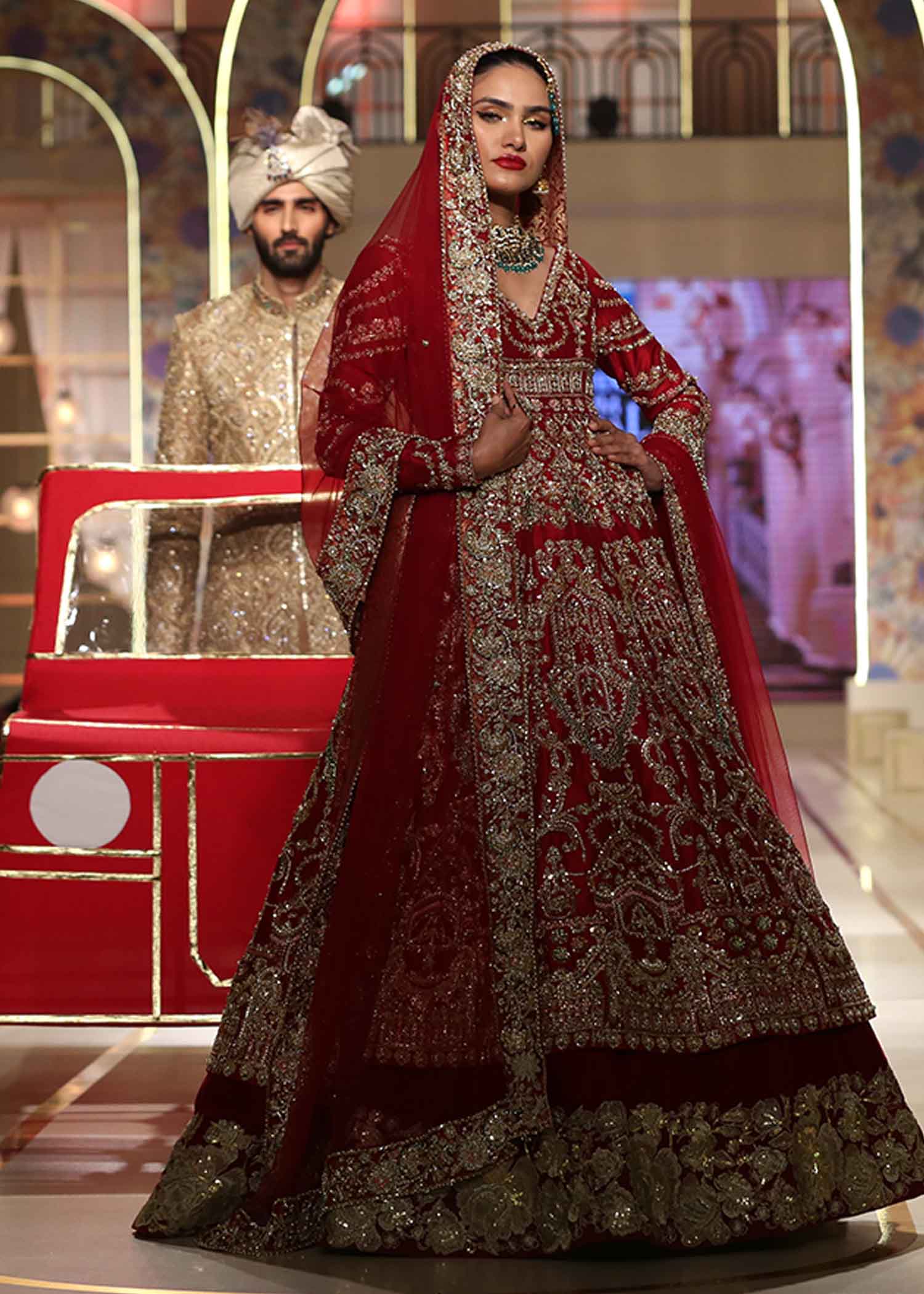 Pakistani Deep Red Embellished Raw Silk Pishwas Dress (3-Piece) - Image 6