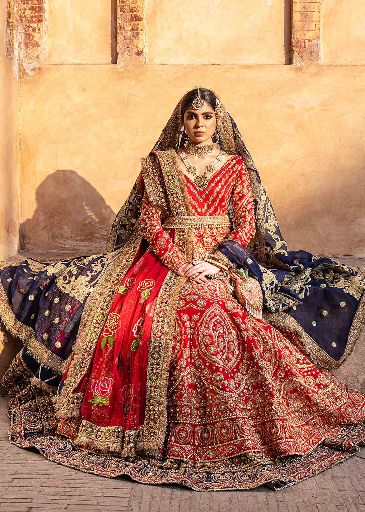 Scarlet Red Embroidered Raw Silk Pishwas (3-Piece) - Image 11