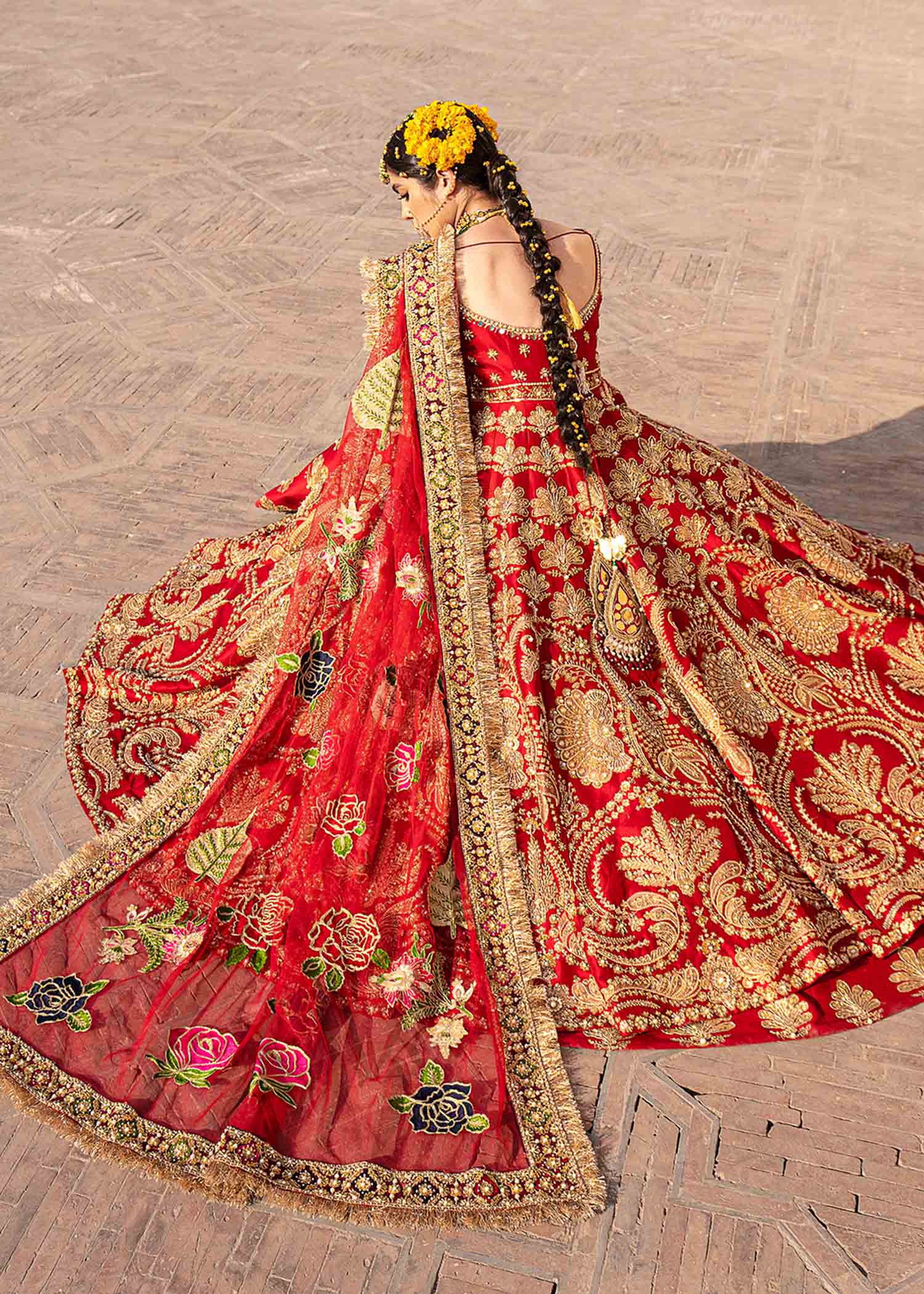 Scarlet Red Embroidered Raw Silk Pishwas (3-Piece) - Image 13