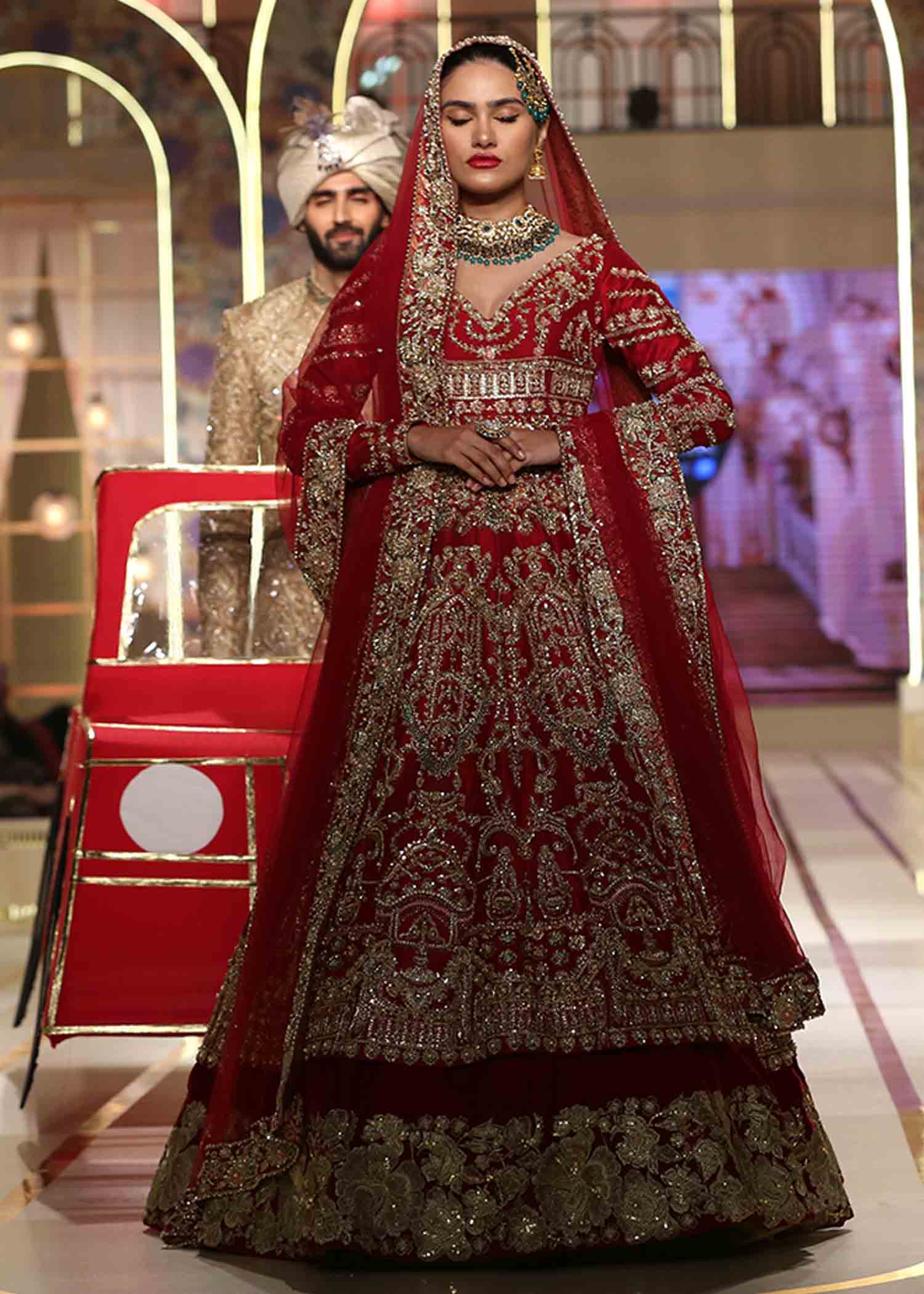 Pakistani Deep Red Embroidered Raw Silk Pishwas Dress (3-Piece) - Image 5