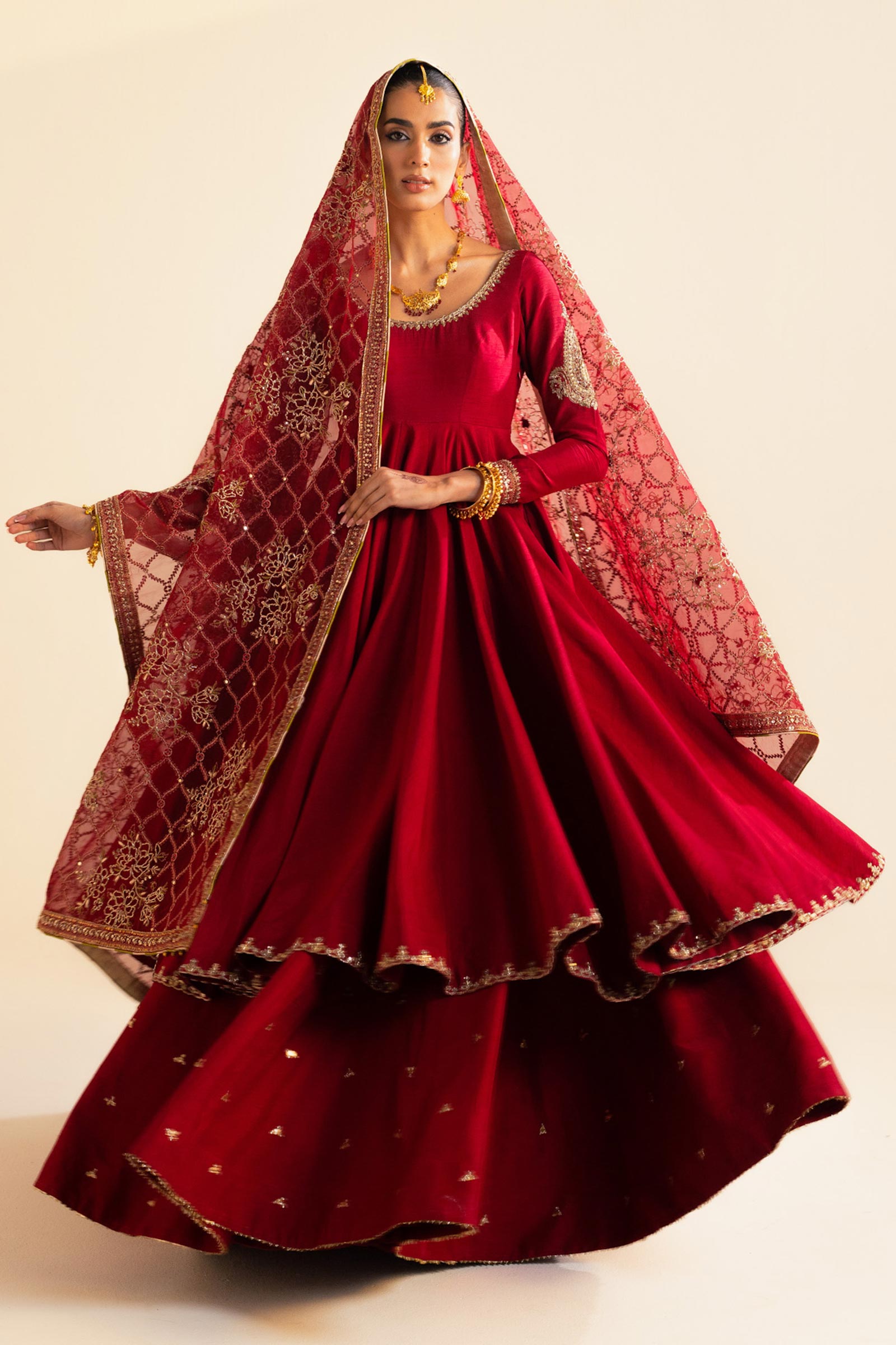 Pakistani Deep Red Zardozi Raw Silk Pishwas Dress (3-Piece) - Image 1