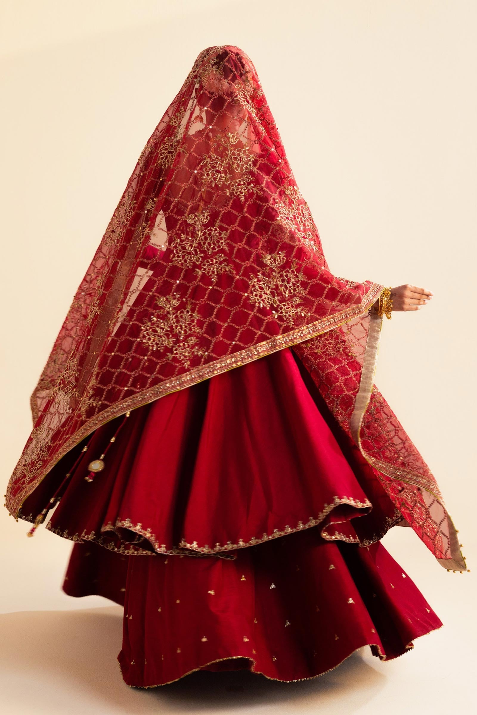 Pakistani Deep Red Zardozi Raw Silk Pishwas Dress (3-Piece) - Image 10