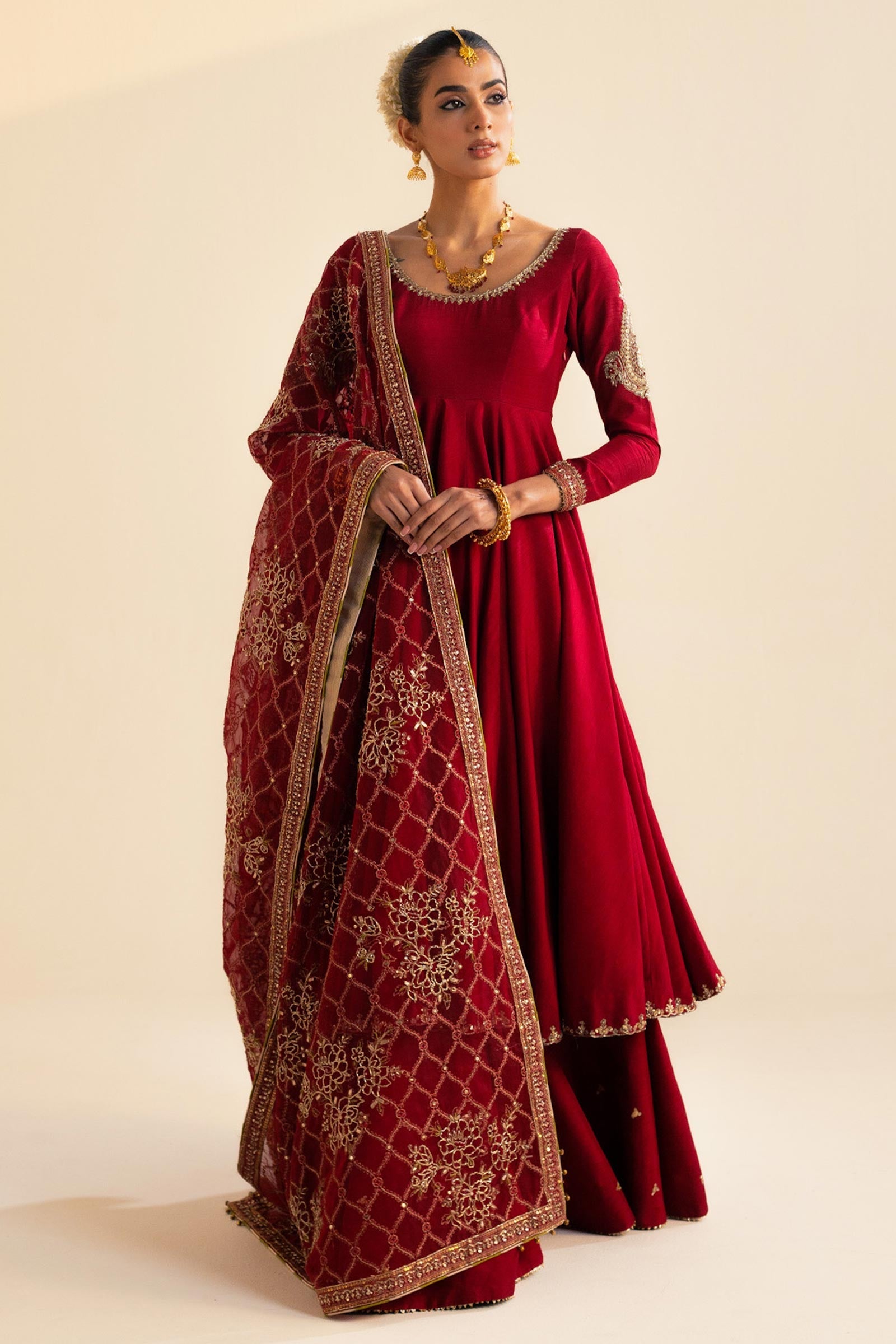 Pakistani Deep Red Zardozi Raw Silk Pishwas Dress (3-Piece) - Image 2