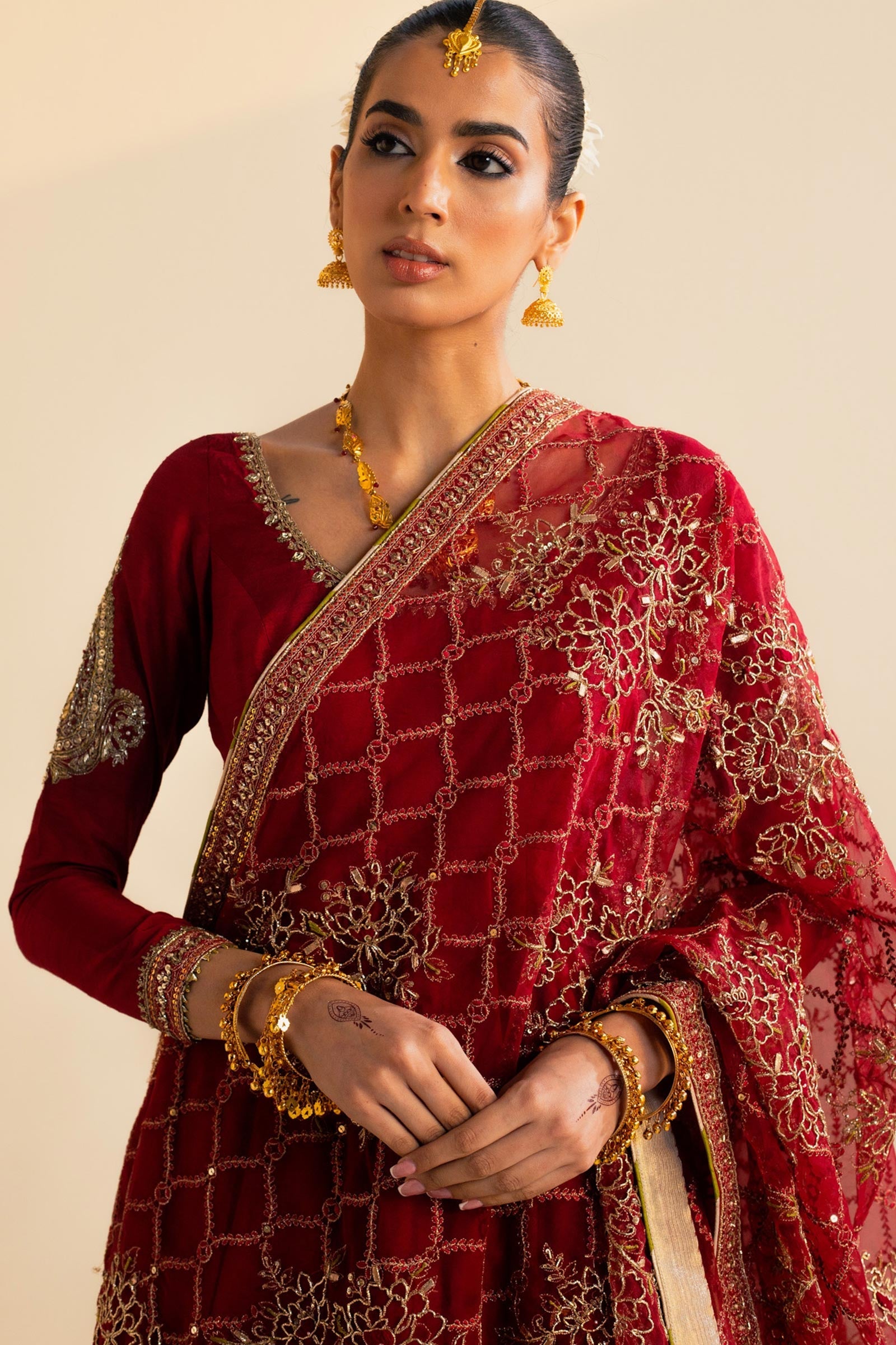 Pakistani Deep Red Zardozi Raw Silk Pishwas Dress (3-Piece) - Image 3