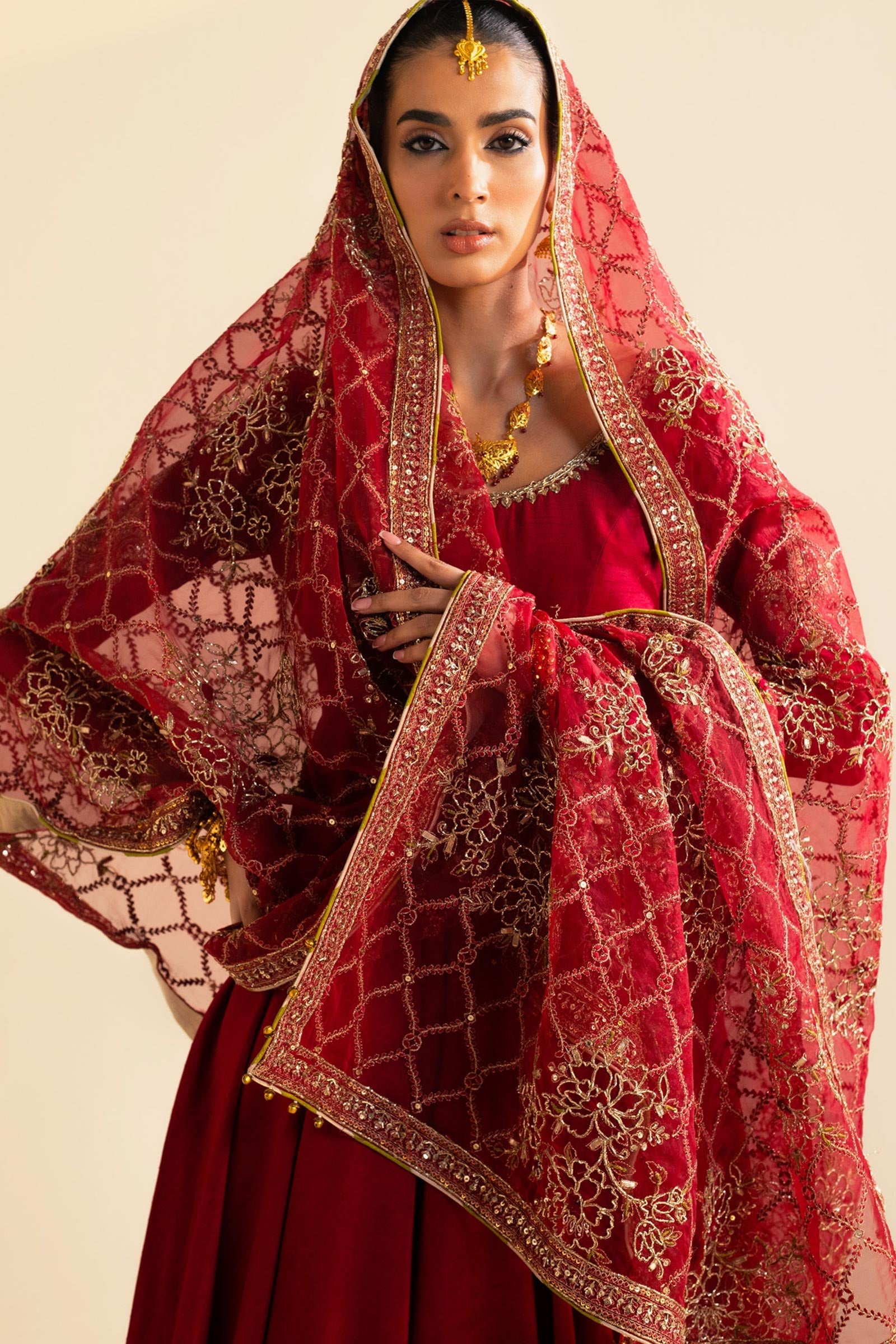 Pakistani Deep Red Zardozi Raw Silk Pishwas Dress (3-Piece) - Image 4