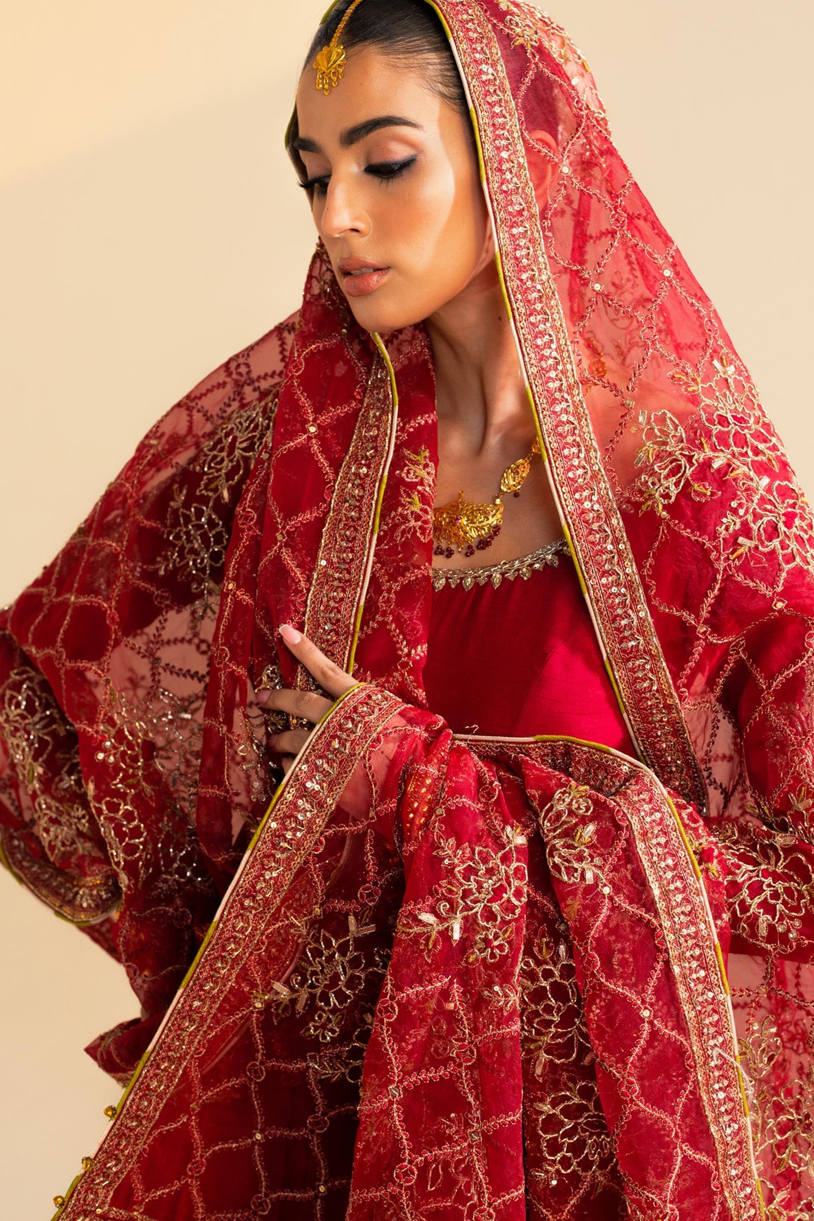 Pakistani Deep Red Zardozi Raw Silk Pishwas Dress (3-Piece) - Image 5