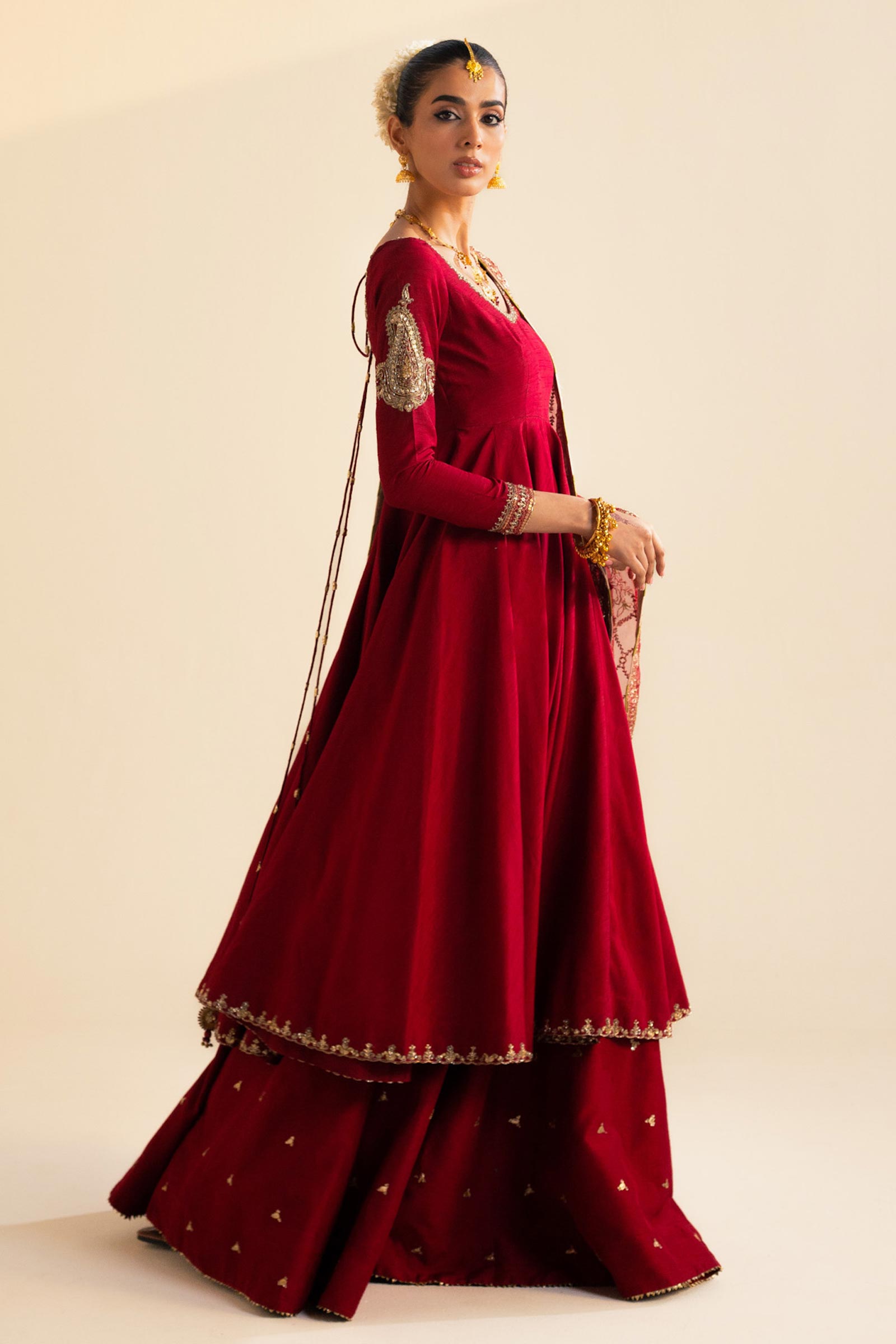 Pakistani Deep Red Zardozi Raw Silk Pishwas Dress (3-Piece) - Image 7