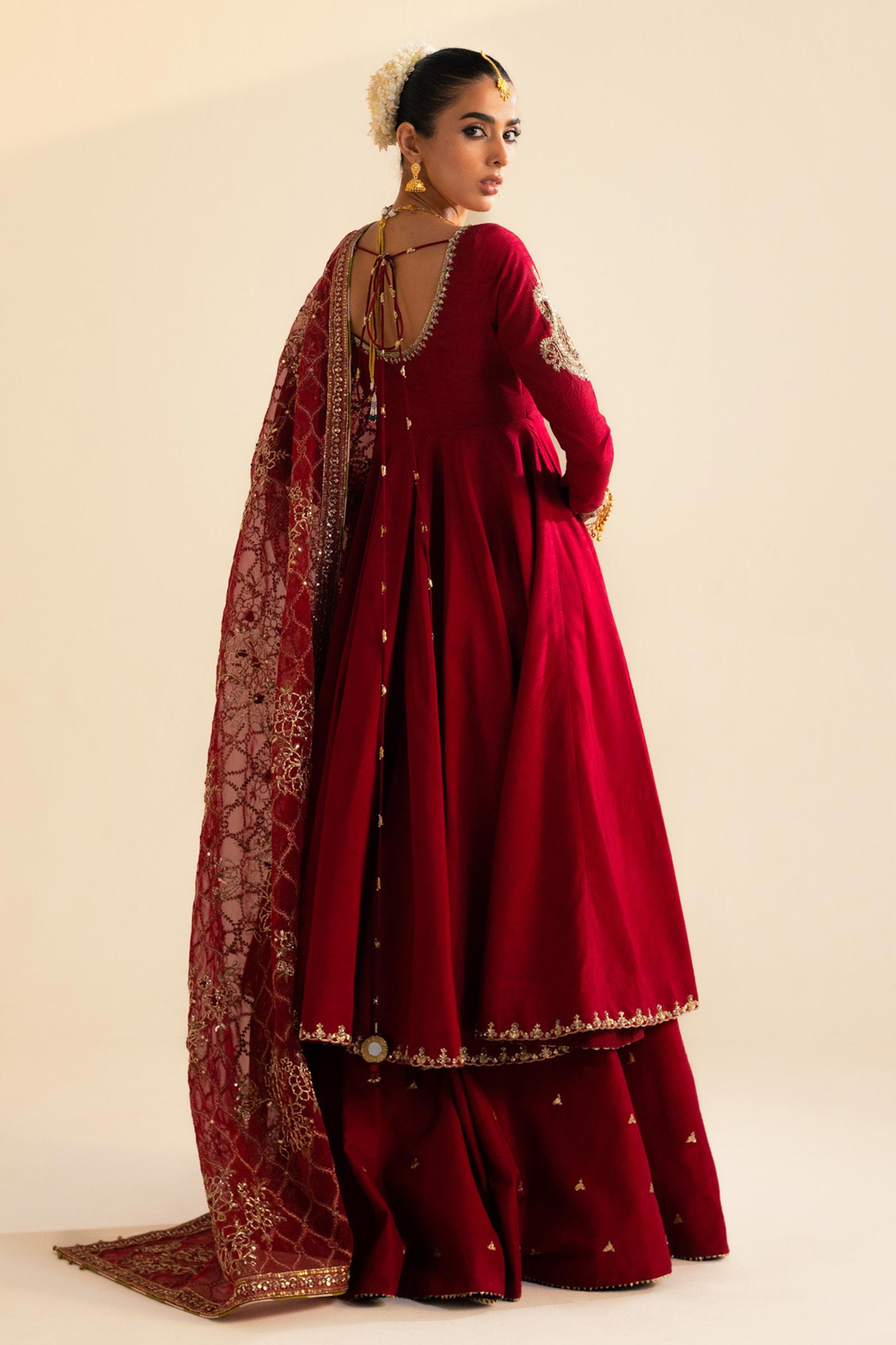 Pakistani Deep Red Zardozi Raw Silk Pishwas Dress (3-Piece) - Image 8