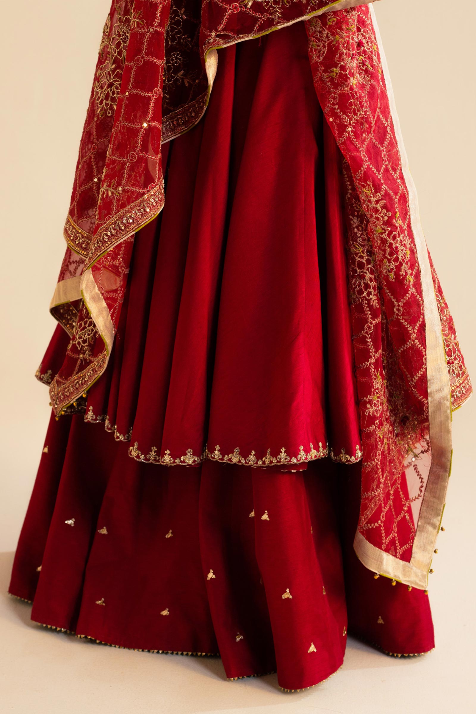Pakistani Deep Red Zardozi Raw Silk Pishwas Dress (3-Piece) - Image 9