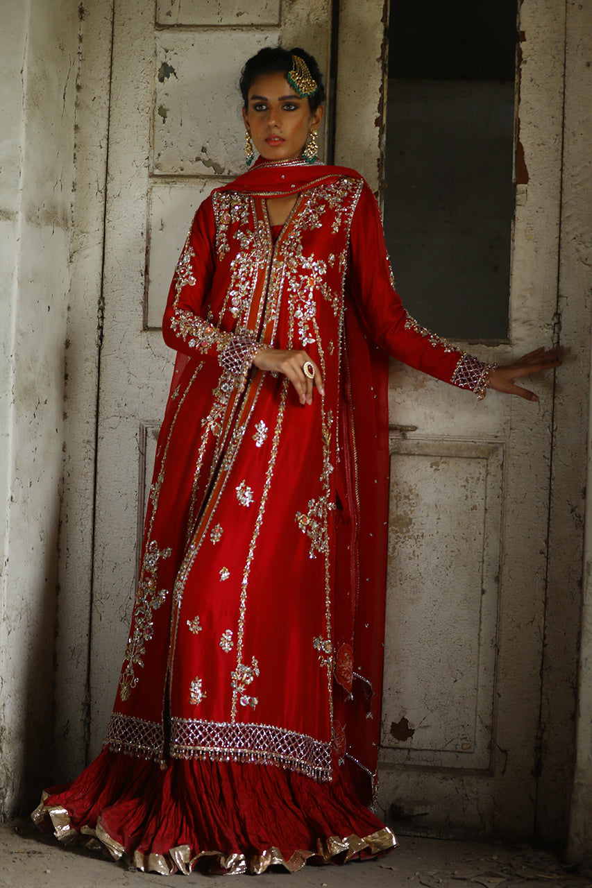 Pakistani Red Zardozi Embroidered Raw Silk Pishwas (3-Piece) - Image 1