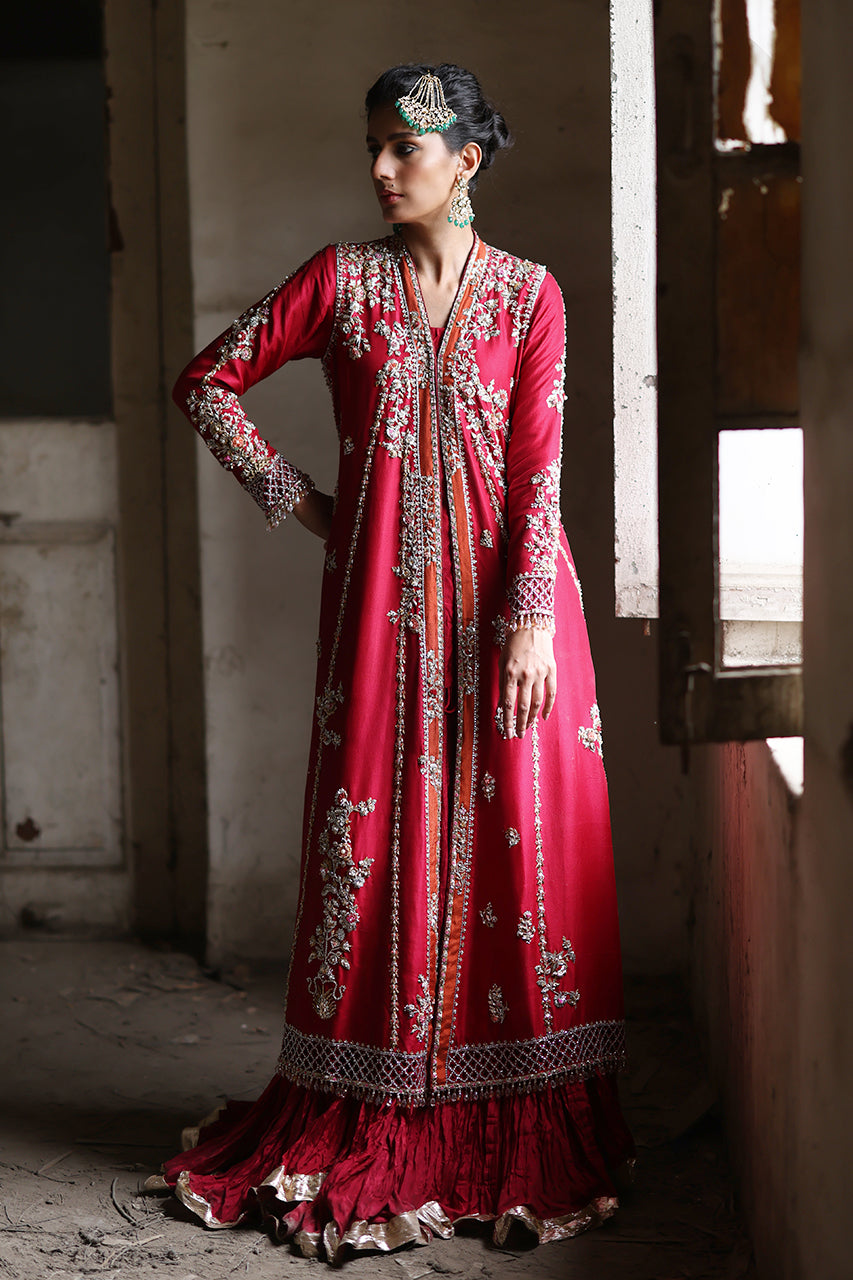 Pakistani Red Zardozi Embroidered Raw Silk Pishwas (3-Piece) - Image 2