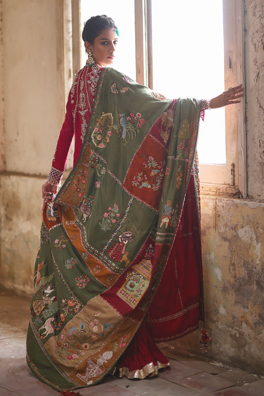 Pakistani Red Zardozi Embroidered Raw Silk Pishwas (3-Piece) - Image 4