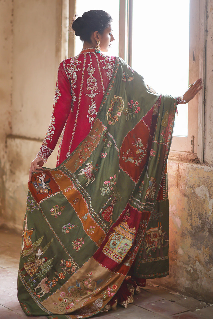 Pakistani Red Zardozi Embroidered Raw Silk Pishwas (3-Piece) - Image 5