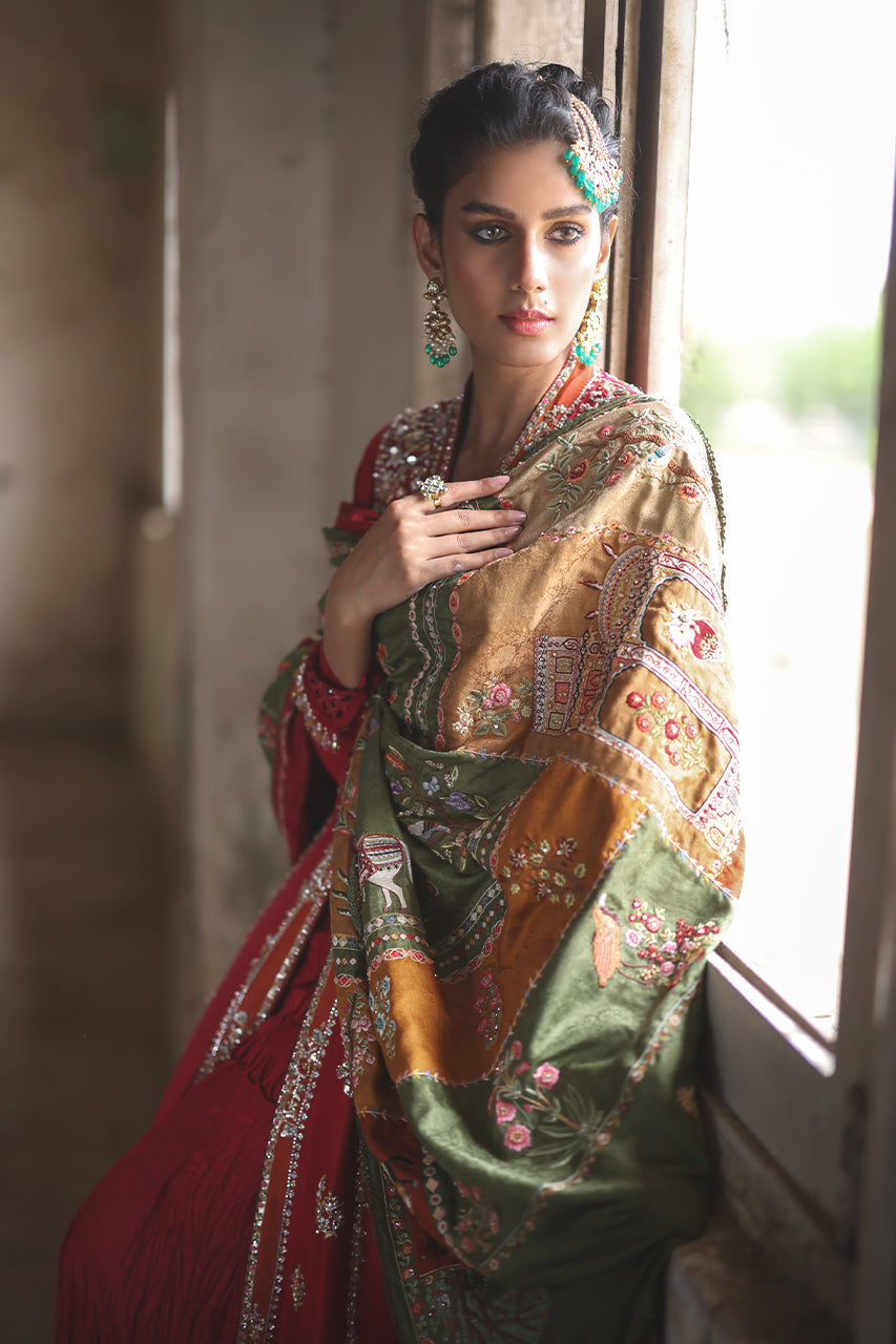 Pakistani Red Zardozi Embroidered Raw Silk Pishwas (3-Piece) - Image 6