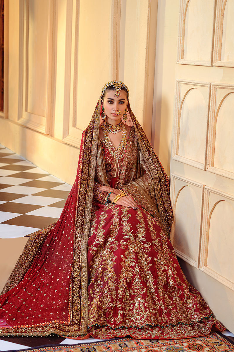 Pakistani Deep Red Hand-Embellished Raw Silk Pishwas (3-Piece) - Image 3