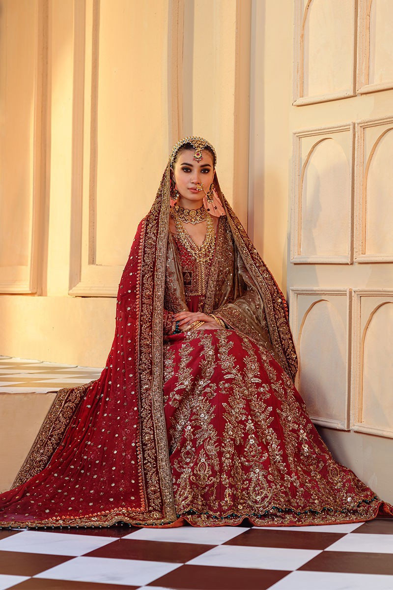 Pakistani Deep Red Hand-Embellished Raw Silk Pishwas (3-Piece) - Image 4