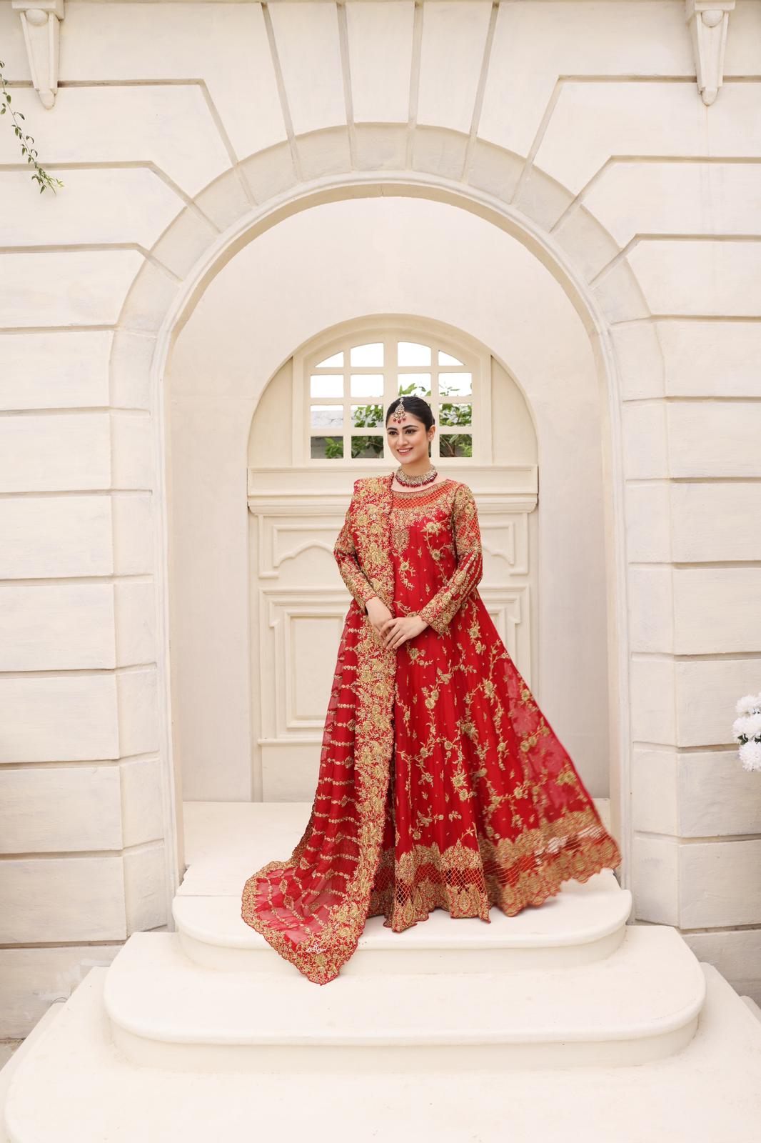 Pakistani Deep Red Embellished Raw Silk Pishwas (3-Piece) - Image 1