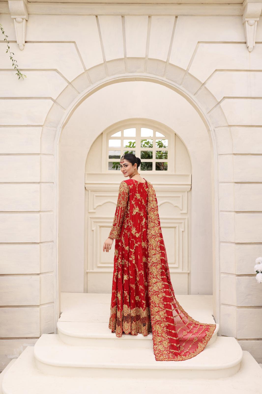 Pakistani Deep Red Embellished Raw Silk Pishwas (3-Piece) - Image 3