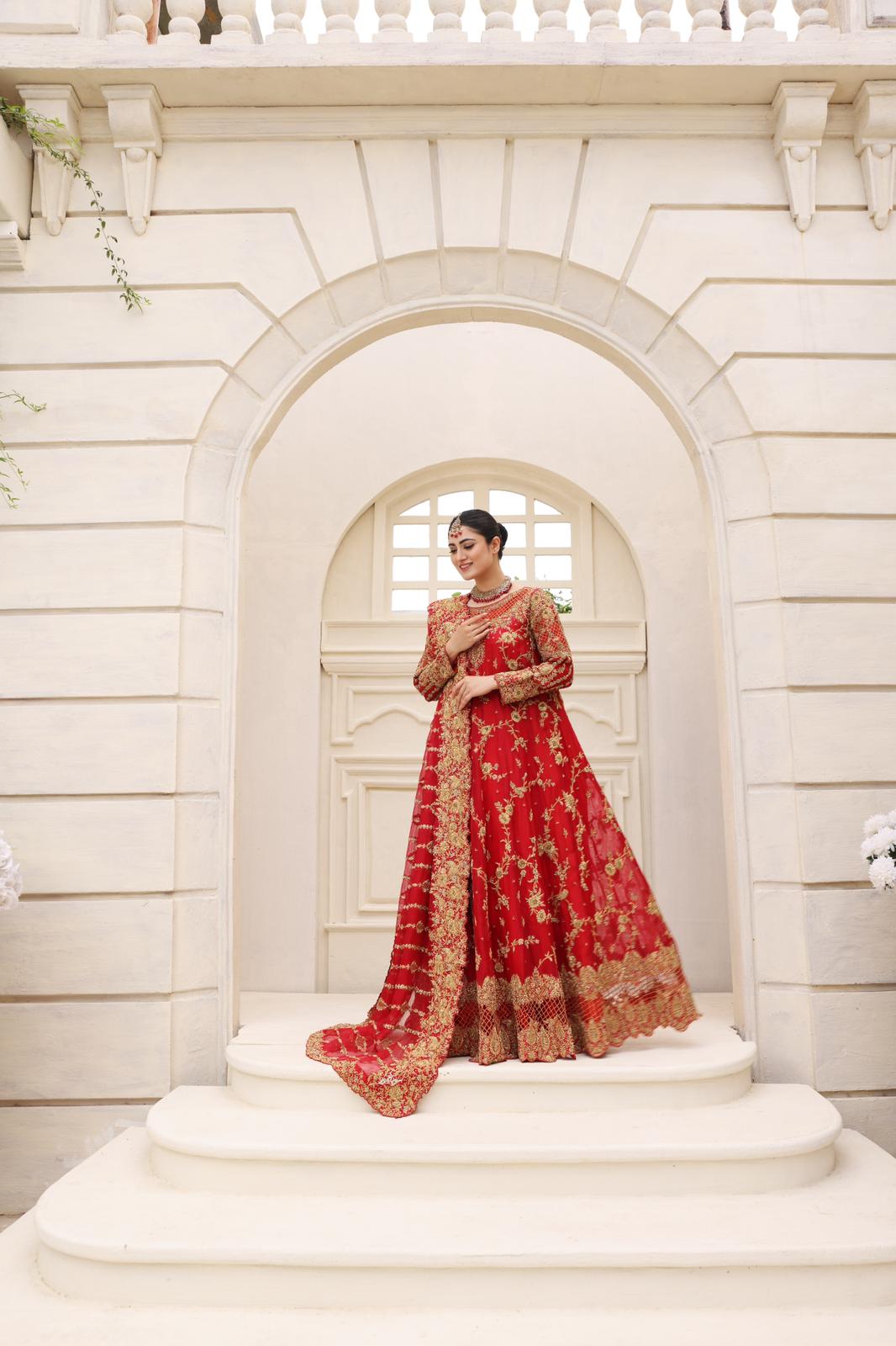 Pakistani Deep Red Embellished Raw Silk Pishwas (3-Piece) - Image 4