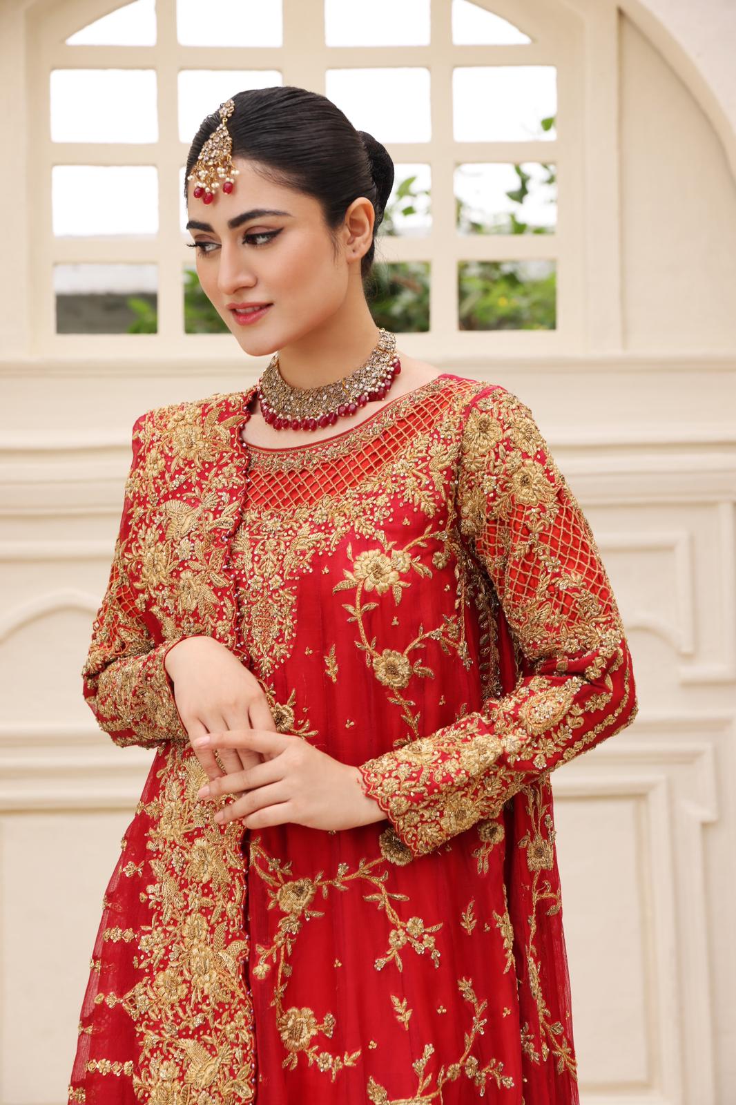 Pakistani Deep Red Embellished Raw Silk Pishwas (3-Piece) - Image 5