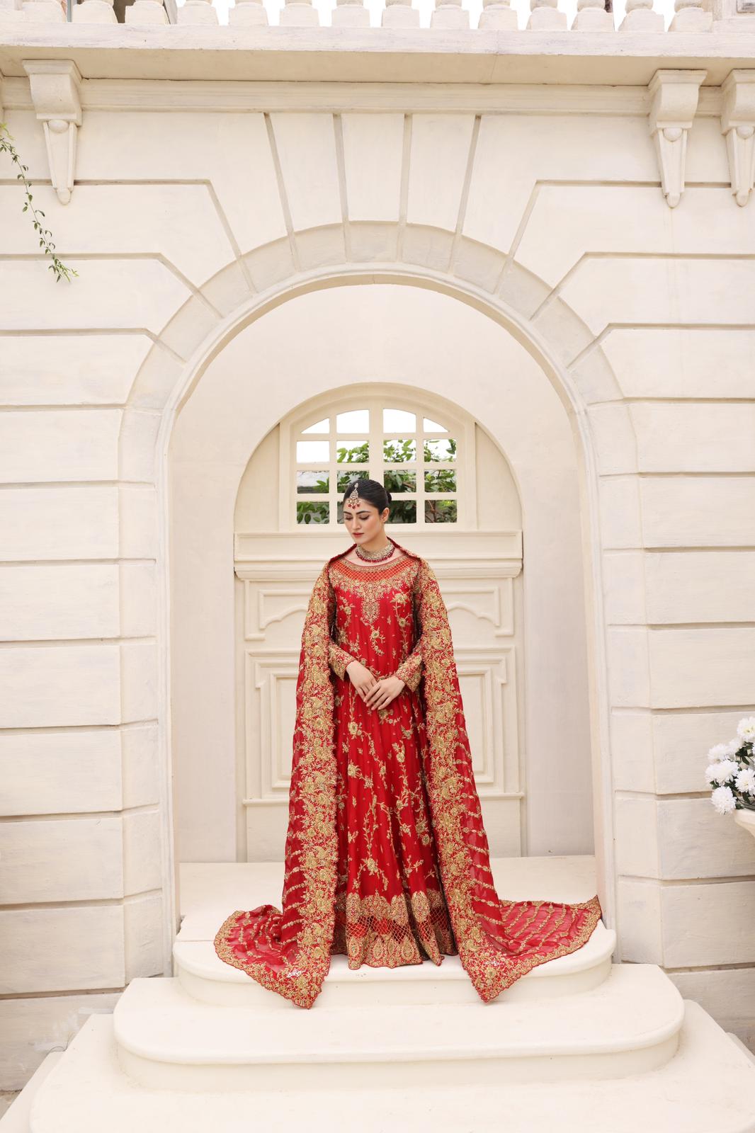 Pakistani Deep Red Embellished Raw Silk Pishwas (3-Piece) - Image 6