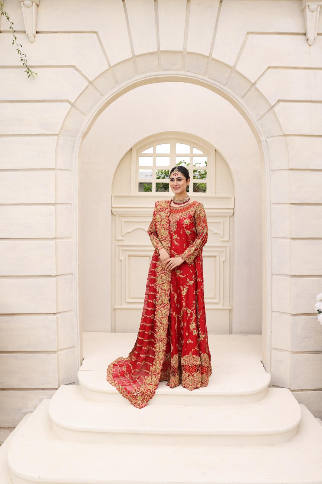 Pakistani Deep Red Embellished Raw Silk Pishwas (3-Piece) - Image 7