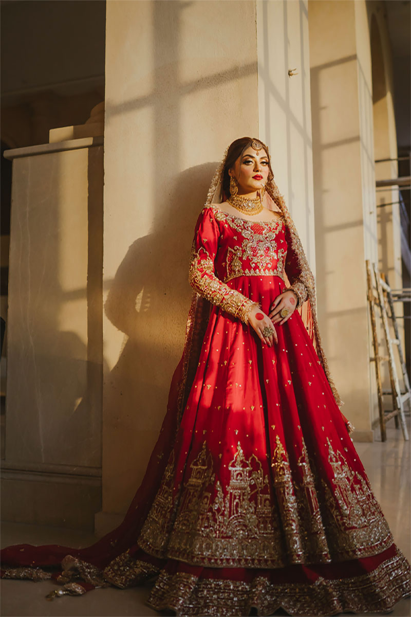 Red Antique Gold Embroidered Silk Pishwas Dress (3-Piece) - Image 2