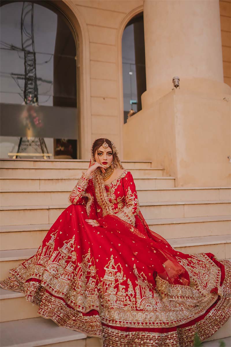 Red Antique Gold Embroidered Silk Pishwas Dress (3-Piece) - Image 6