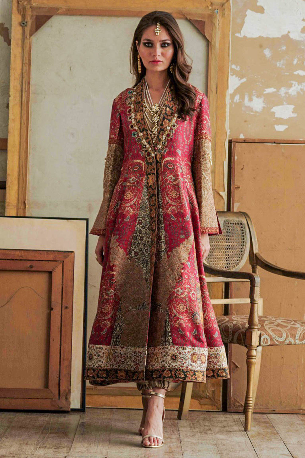 Pakistani Deep Red Zardozi Silk Pishwas Dress (3-Piece) - Image 1