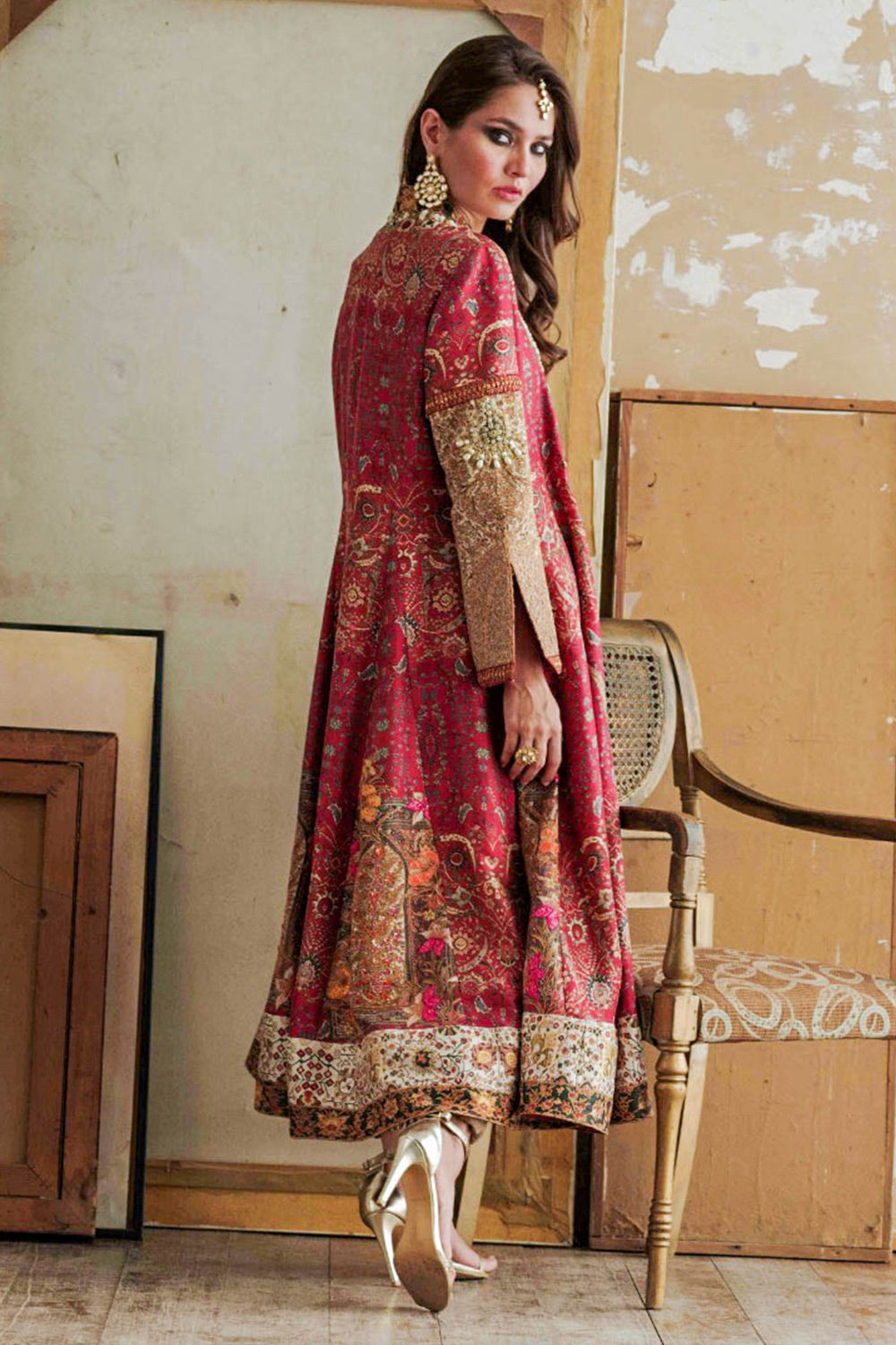 Pakistani Deep Red Zardozi Silk Pishwas Dress (3-Piece) - Image 2